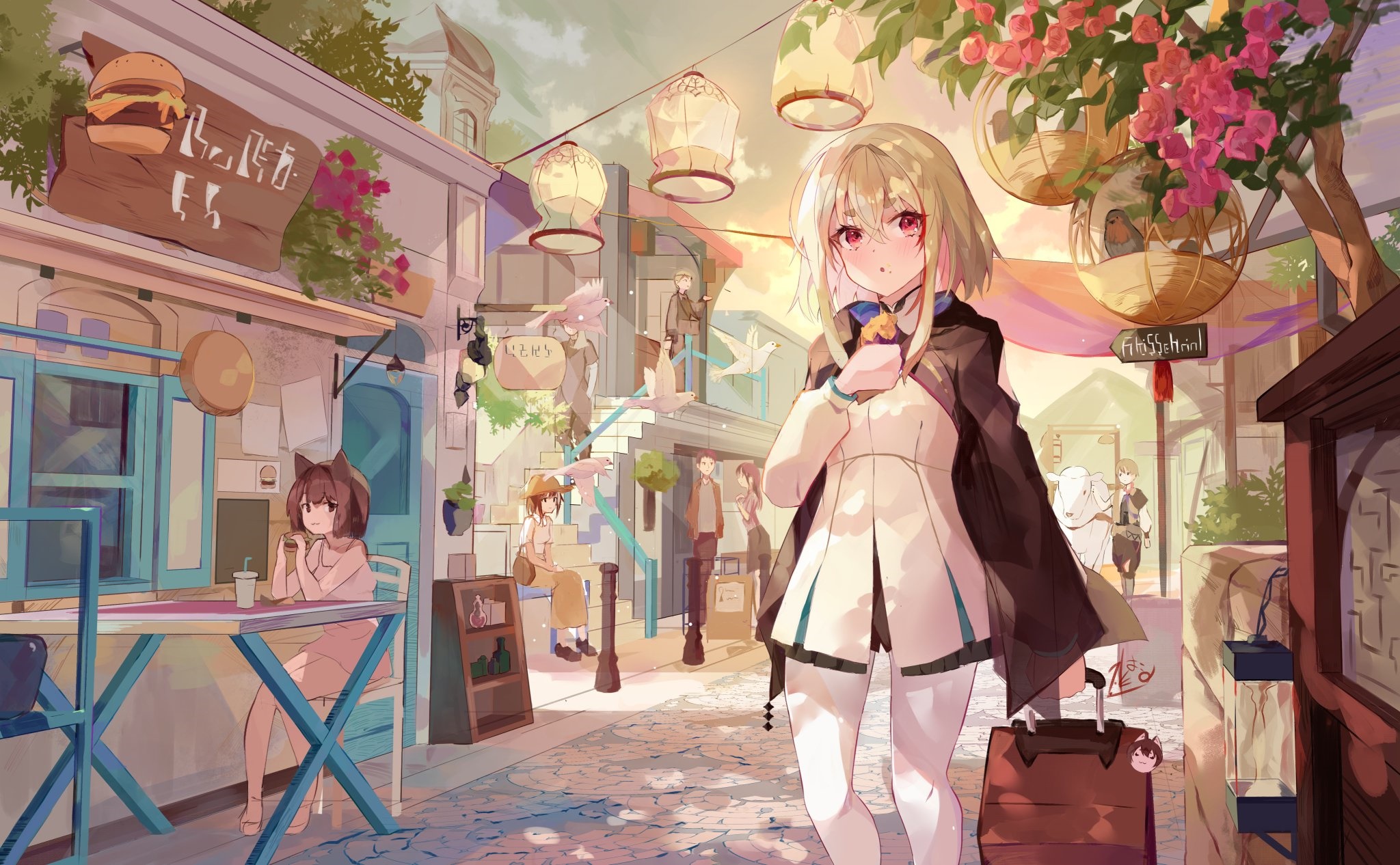 Anime girl with blonde hair and red eyes in a town HD Wallpaper