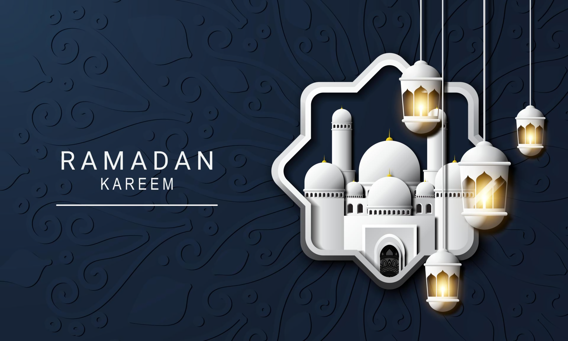 Ramadan Kareem with Mosque and Lanterns HD Wallpaper
