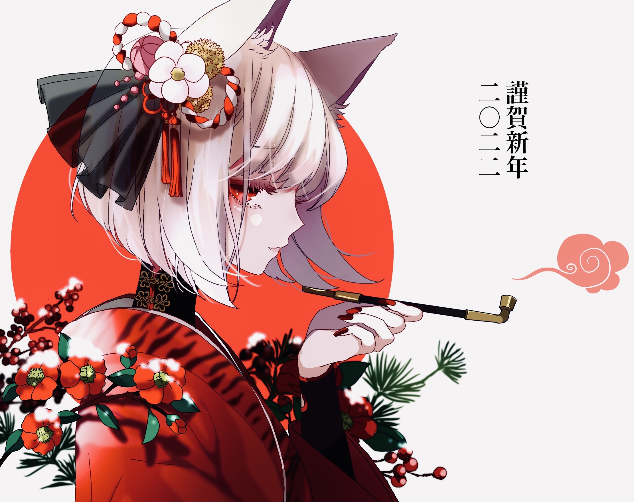 Anime girl with fox ears and kimono holding a pipe HD Wallpaper