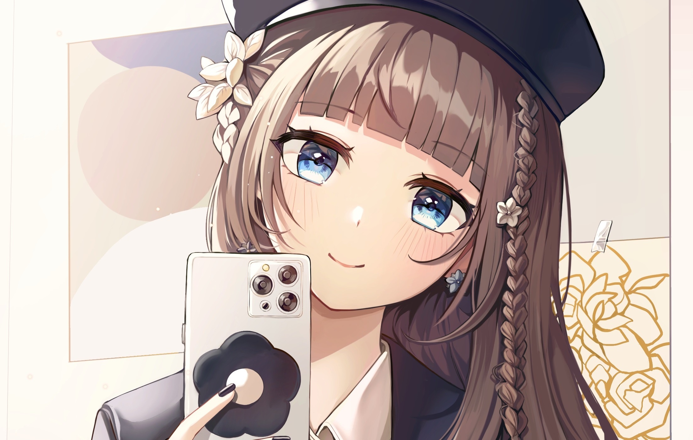 Anime girl taking a selfie with a flower phone case HD Wallpaper