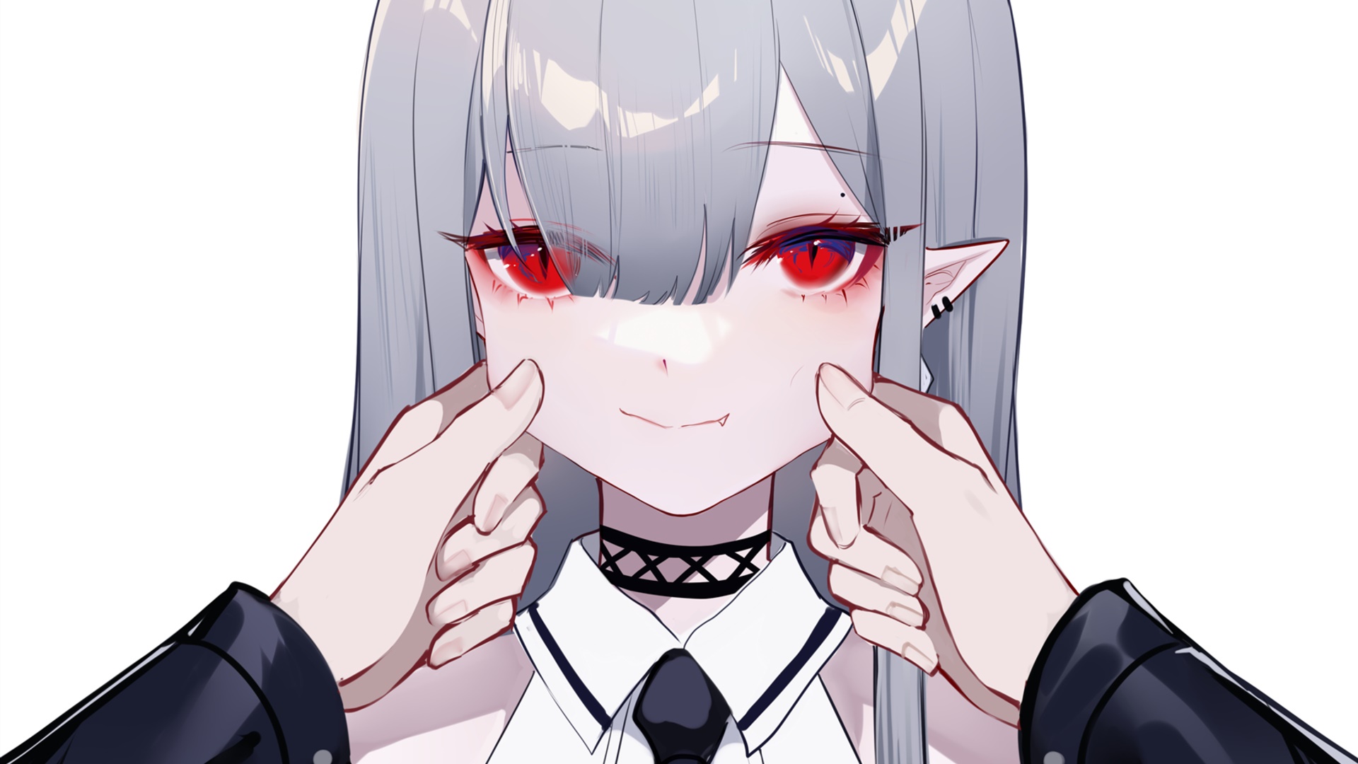 Anime girl with red eyes being squeezed on the cheeks HD Wallpaper