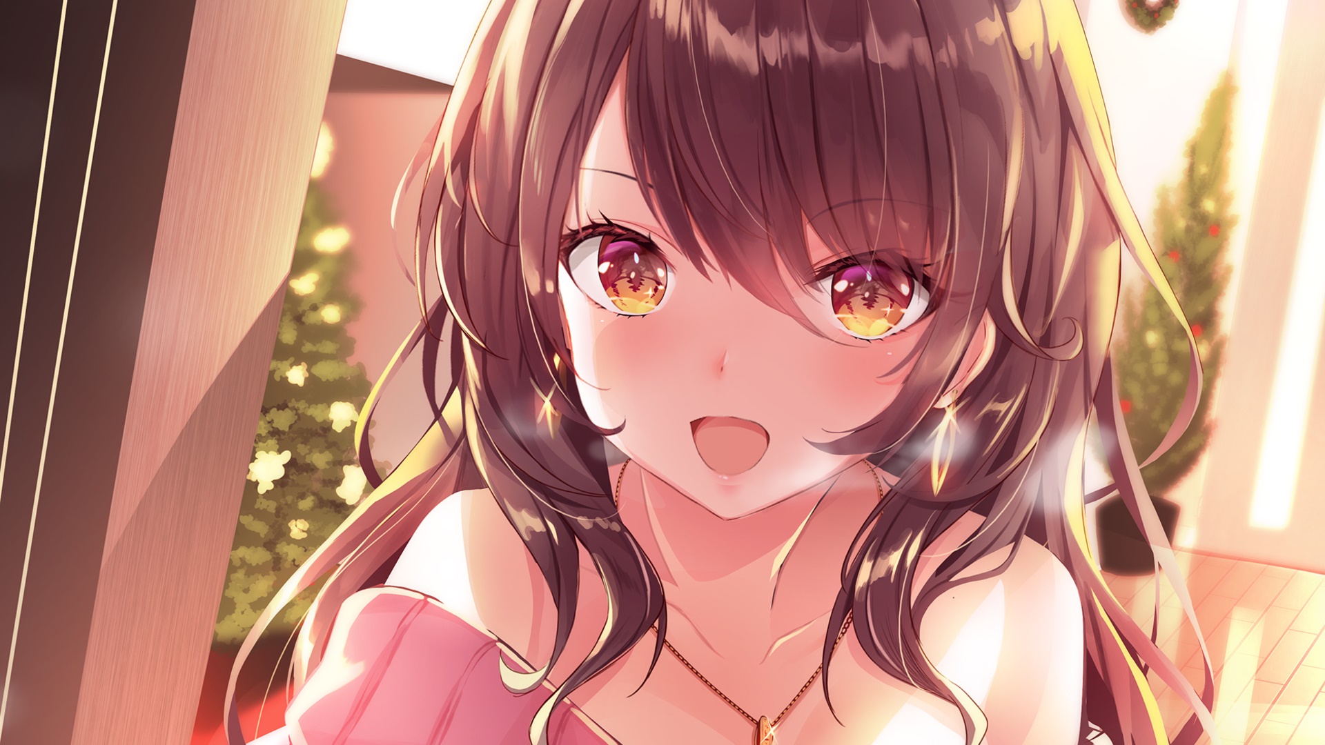 Anime Girl with Brown Hair and Pink Dress HD Wallpaper