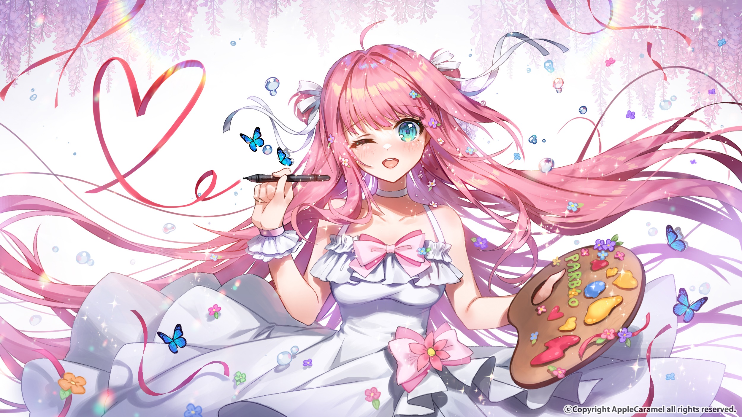Anime girl with pink hair painting with a palette HD Wallpaper