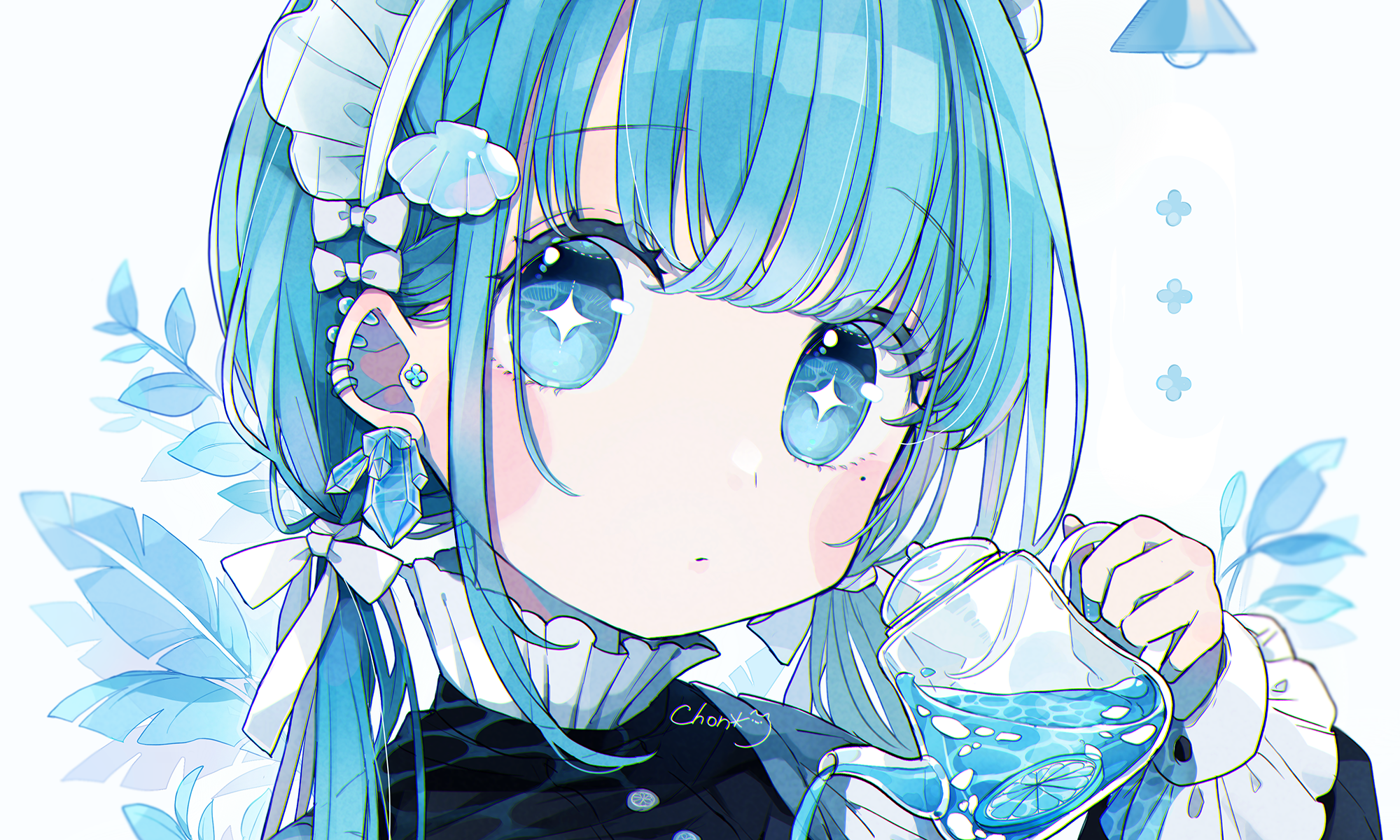 Anime girl with blue hair and teapot HD Wallpaper