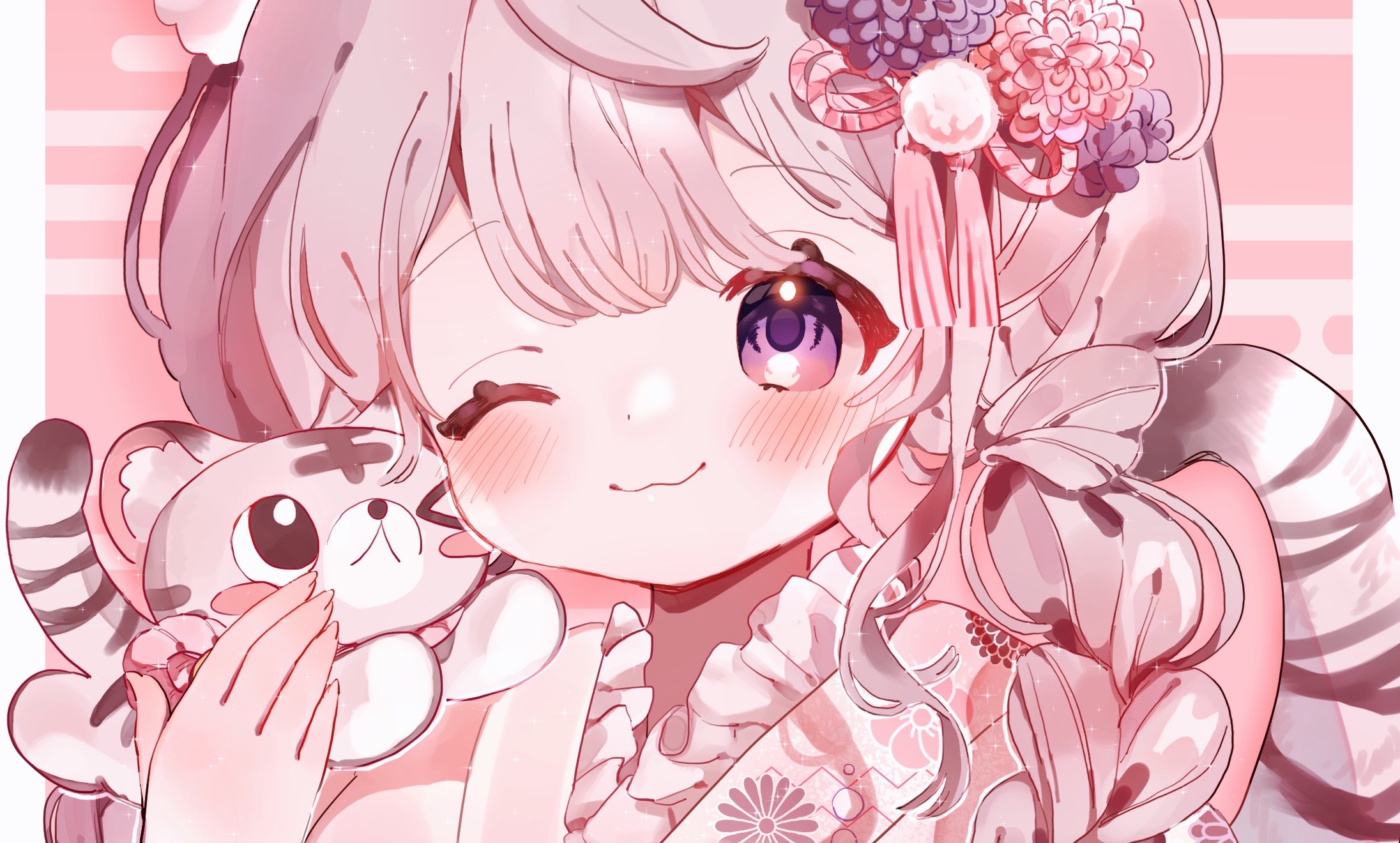 Anime girl with tiger plushie HD Wallpaper