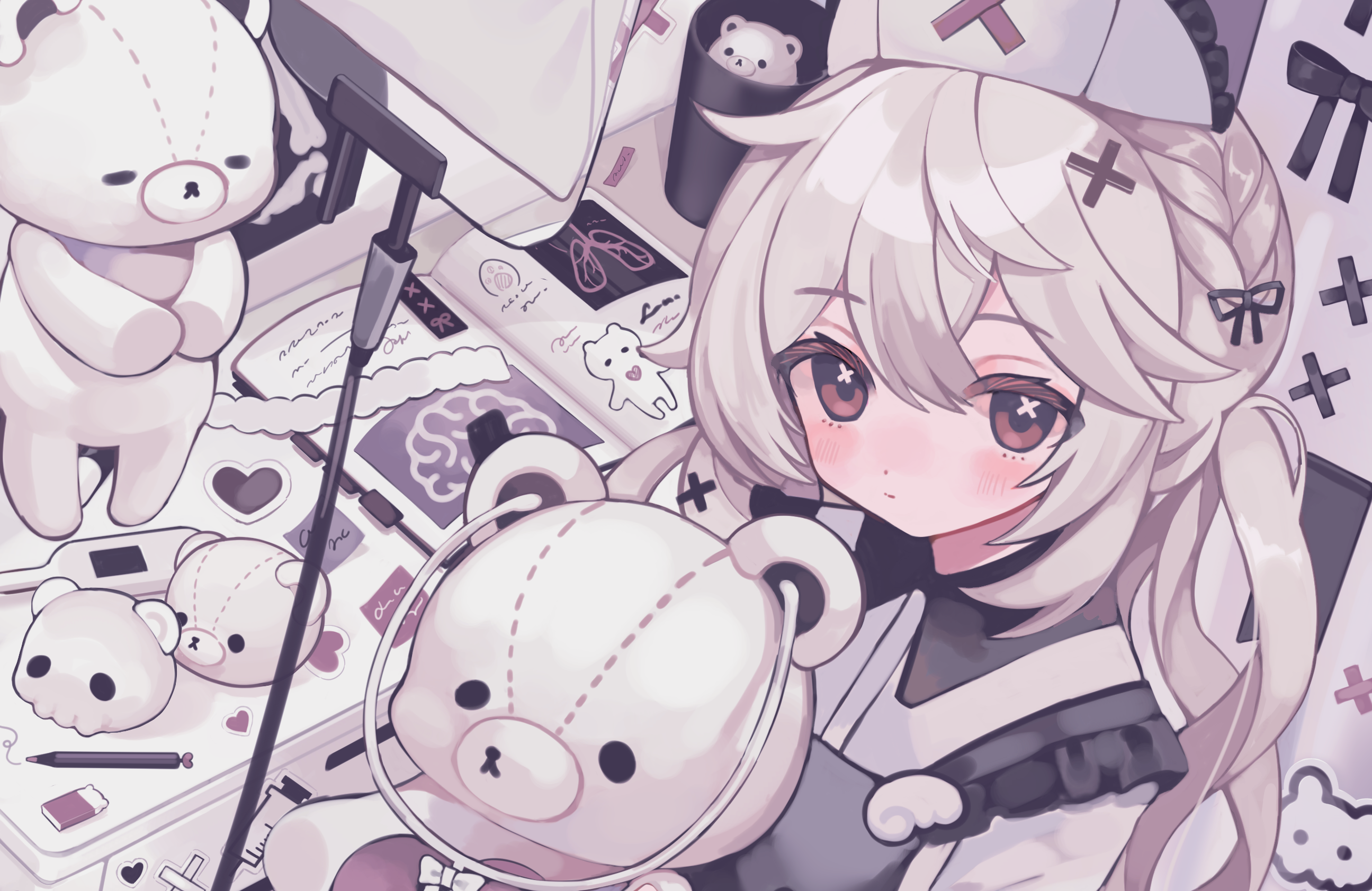 Anime girl with teddy bears and medical items HD Wallpaper