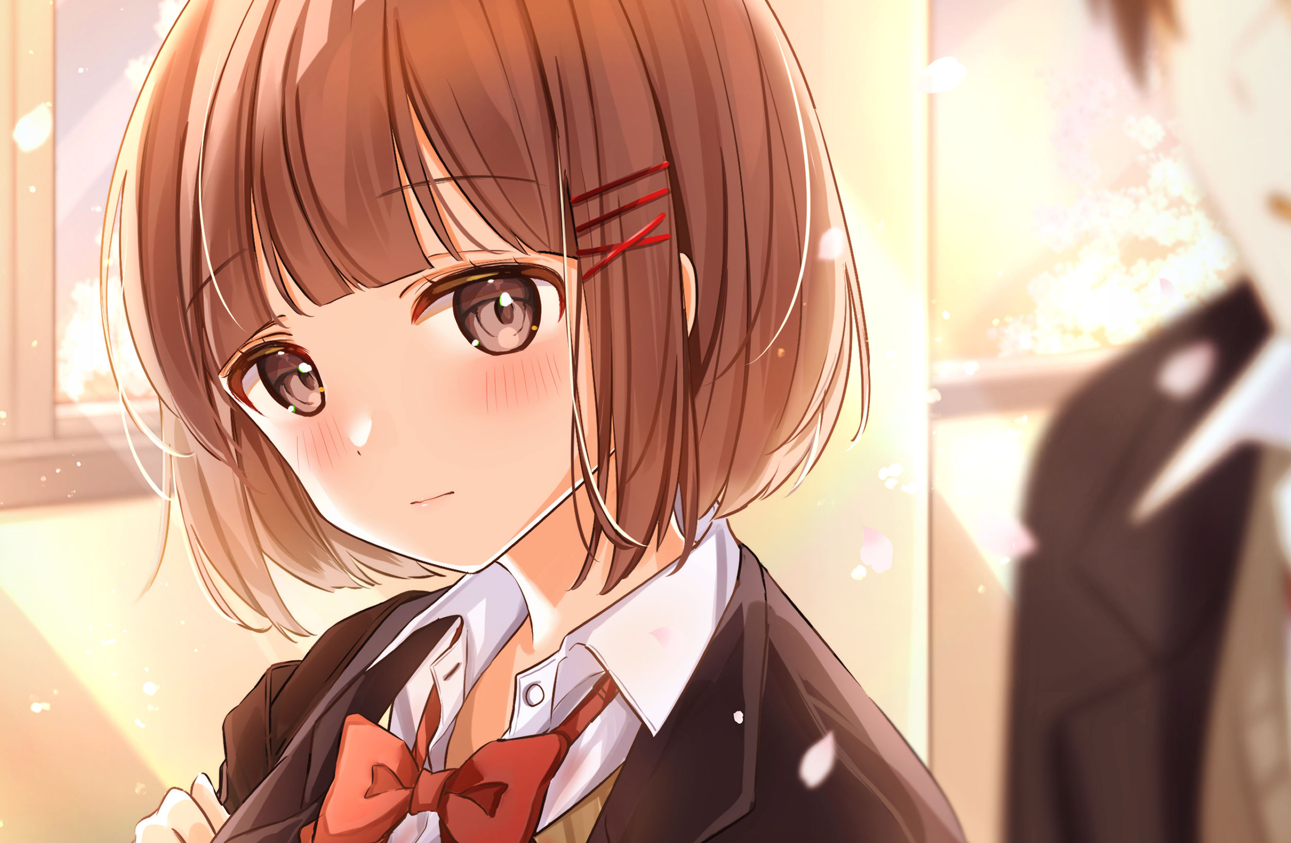 Anime girl with brown hair and red bow HD Wallpaper