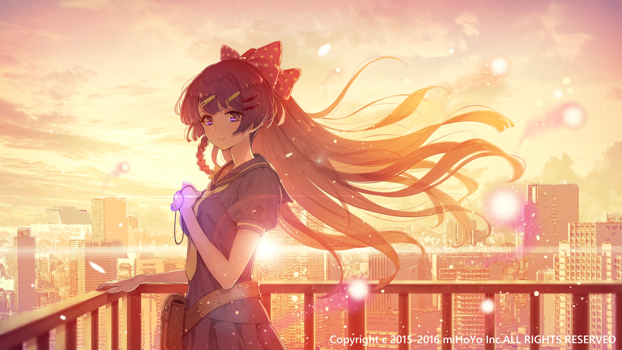 Girl with red bow in hair on balcony at sunset HD Wallpaper