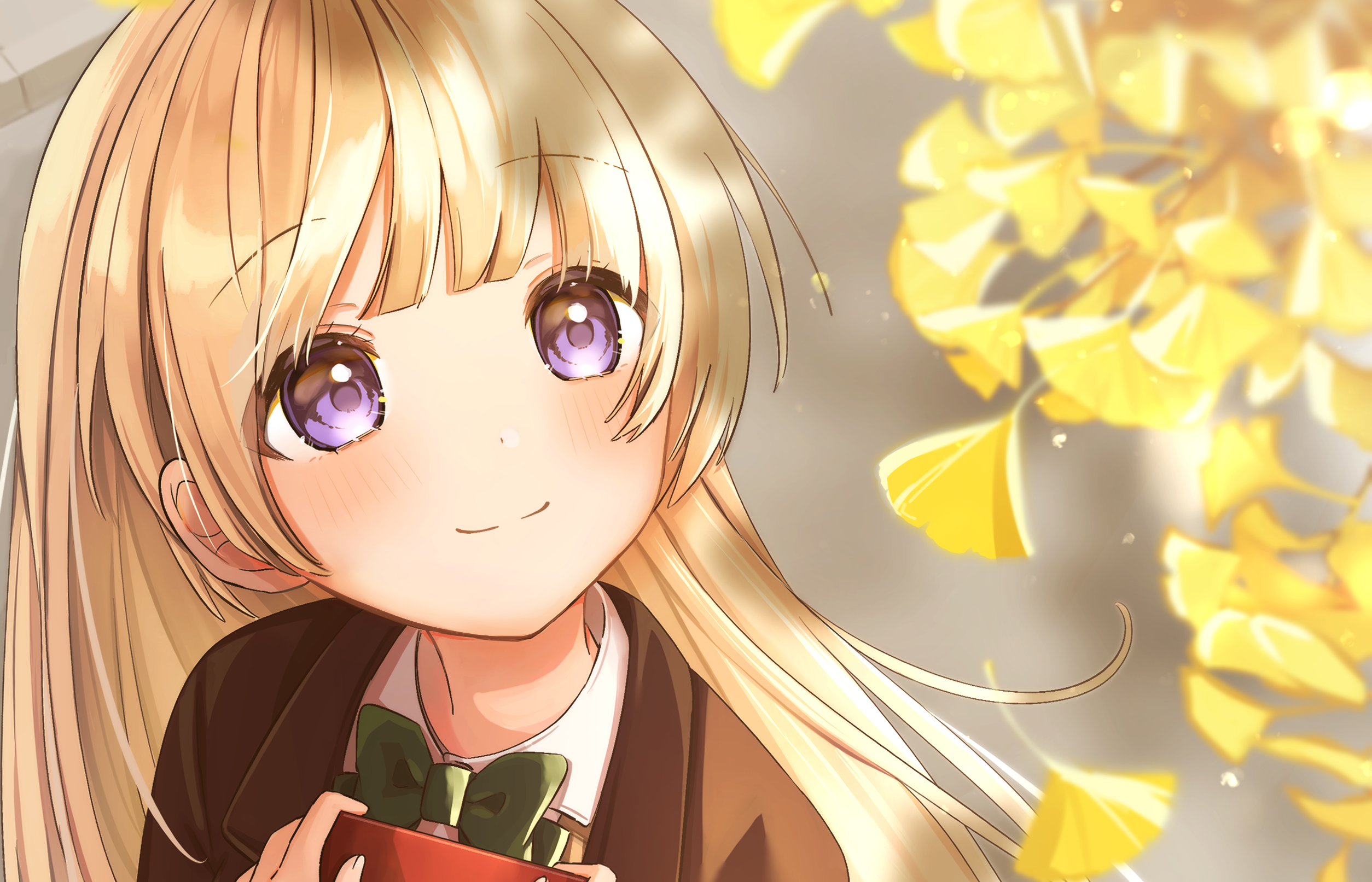 Anime girl with blonde hair and purple eyes holding a gift HD Wallpaper