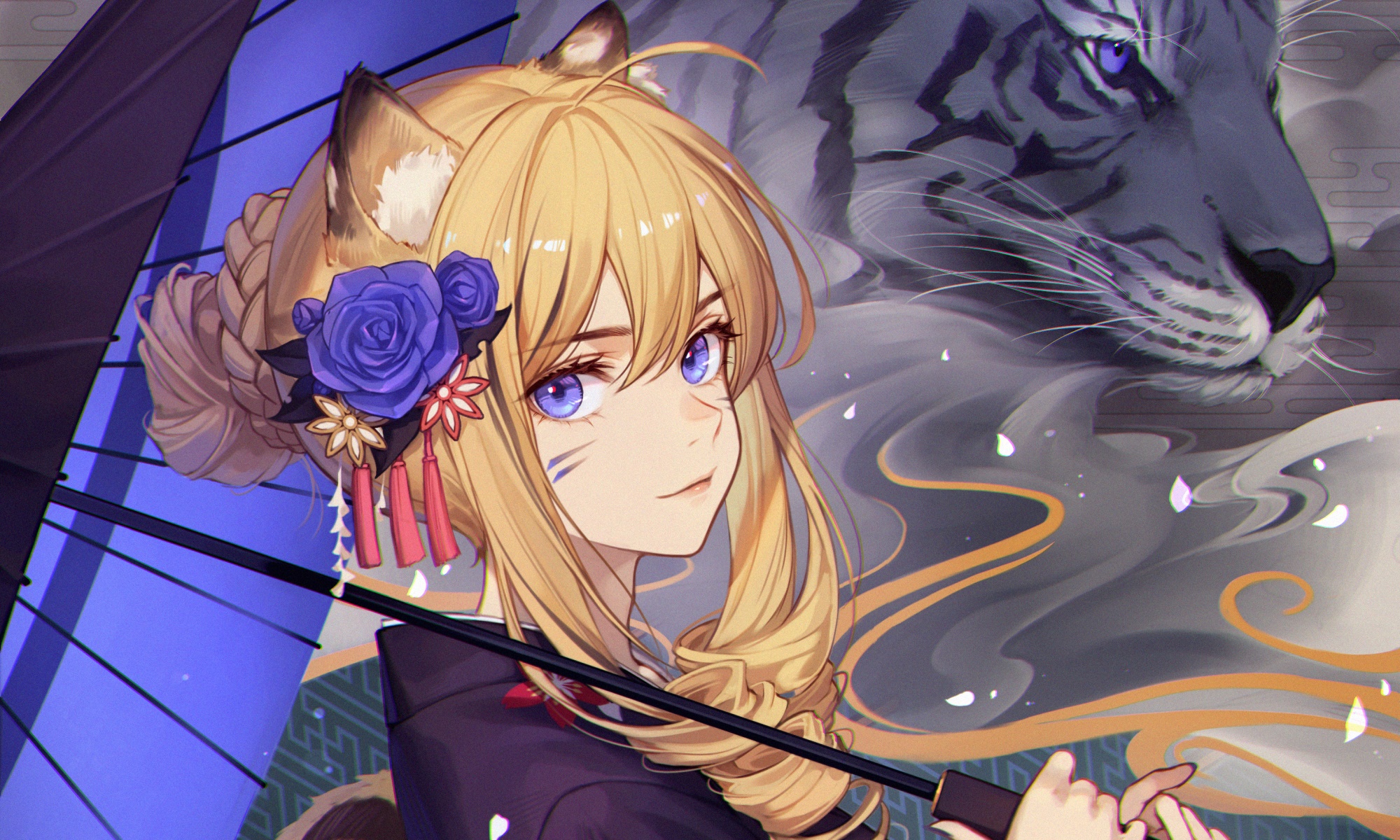 Anime girl with tiger spirit holding umbrella HD Wallpaper