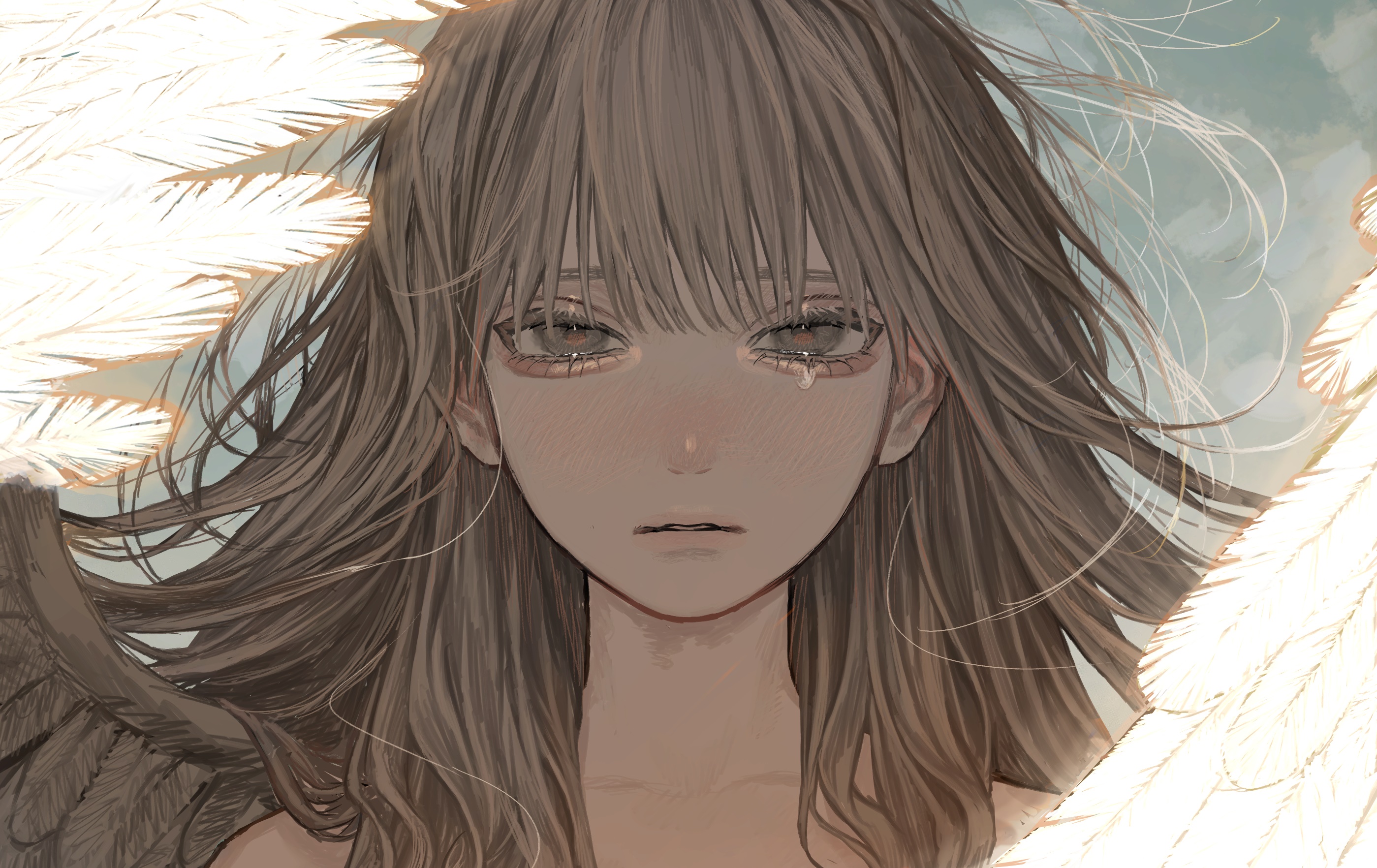 Sad anime girl with wings and feathers HD Wallpaper