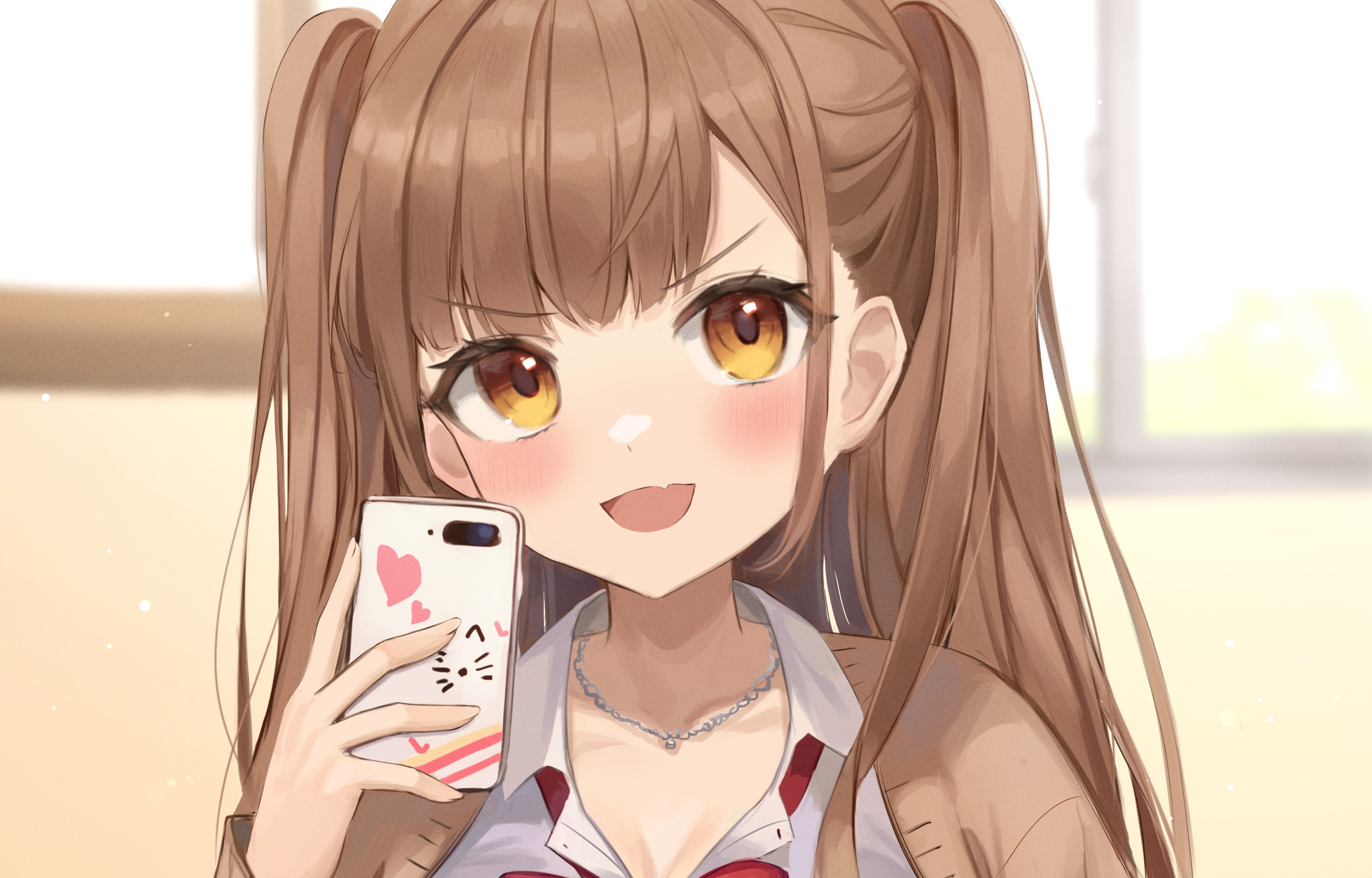 Anime girl with pigtails holding a smartphone HD Wallpaper