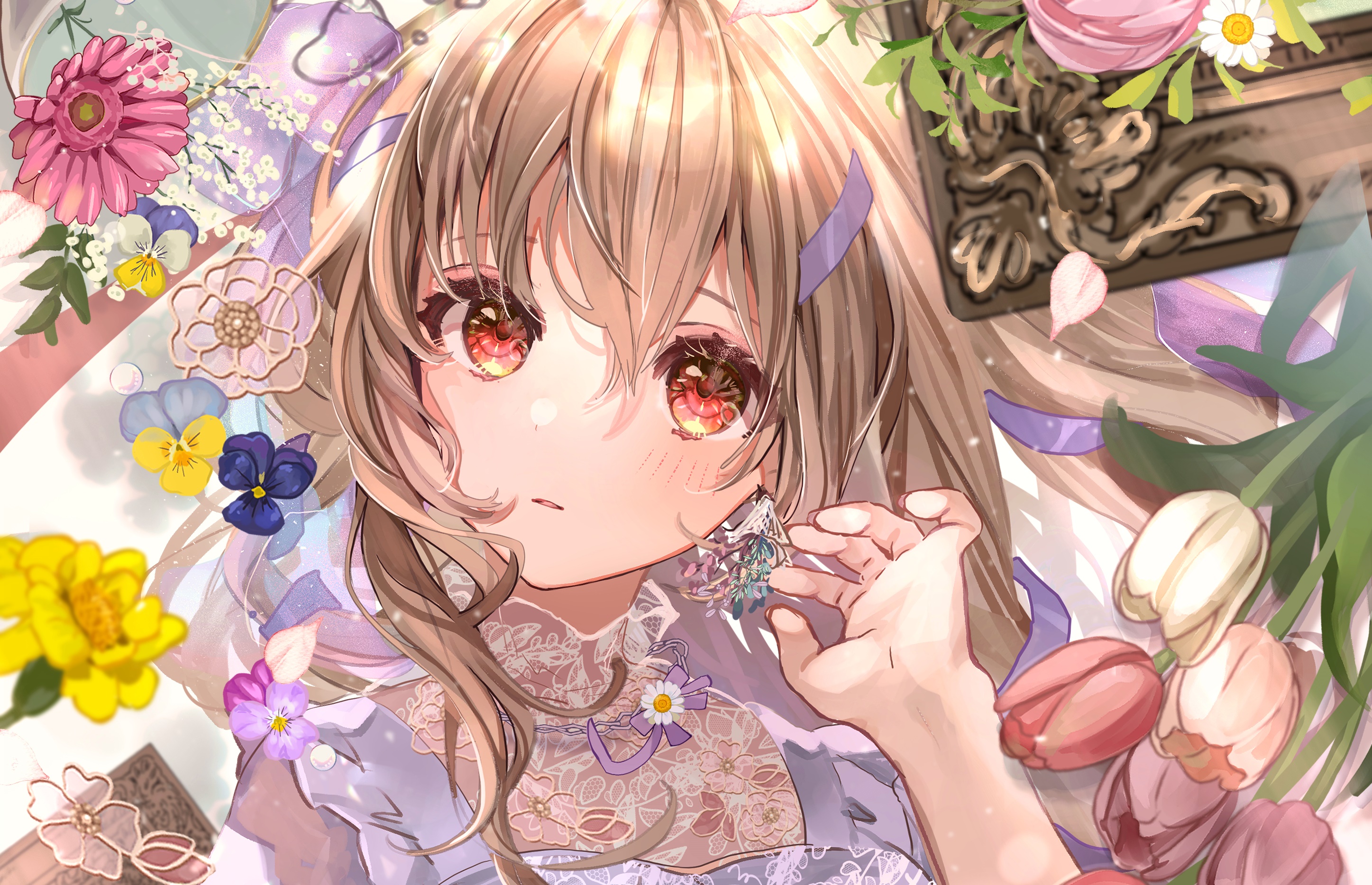 Anime girl with flowers and jewelry HD Wallpaper