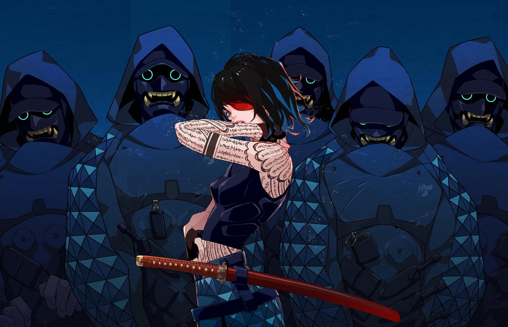 Woman with tattoos and katana surrounded by masked figures HD Wallpaper
