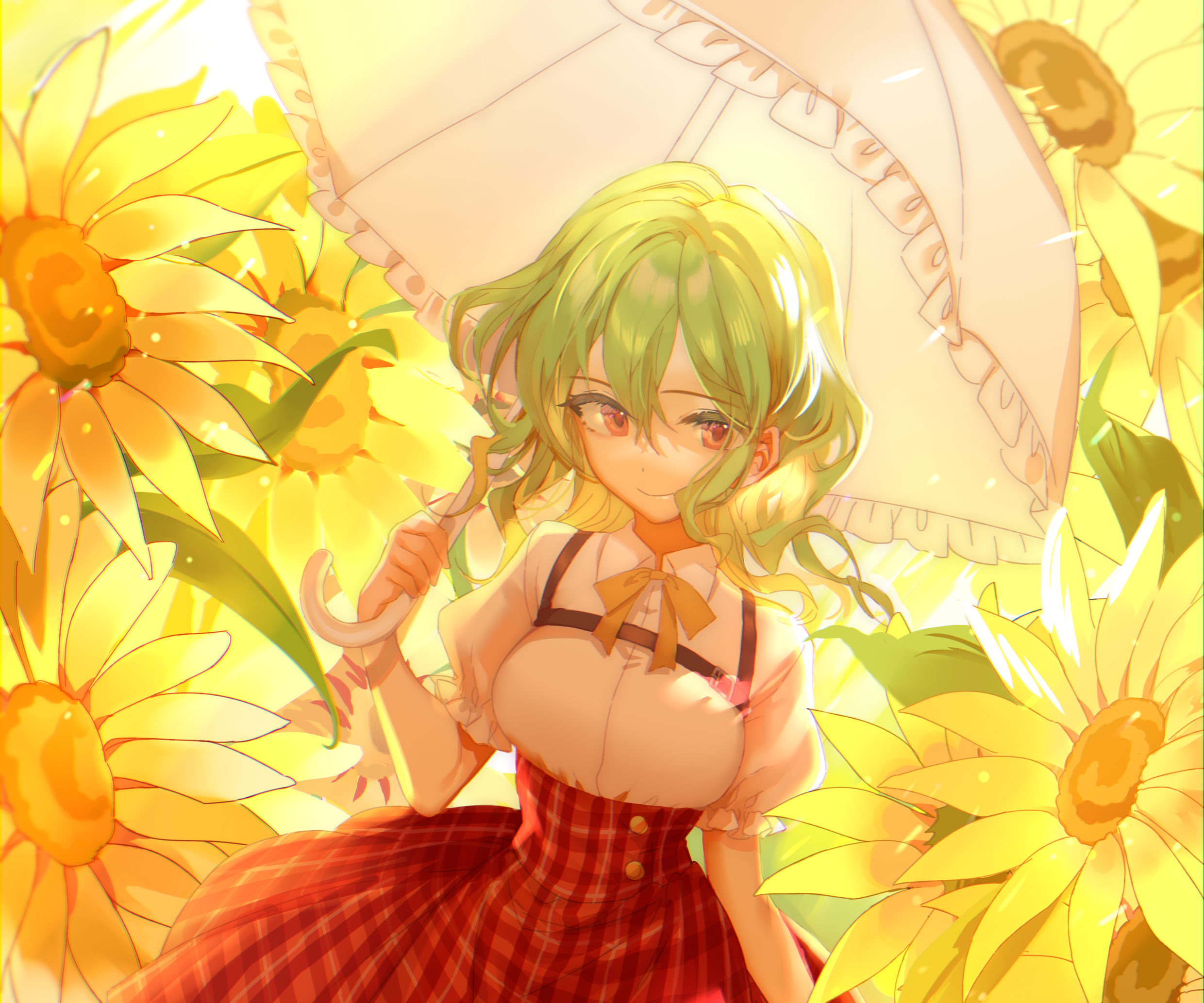 Yuuka Kazami from Touhou holding a parasol in sunflowers HD Wallpaper
