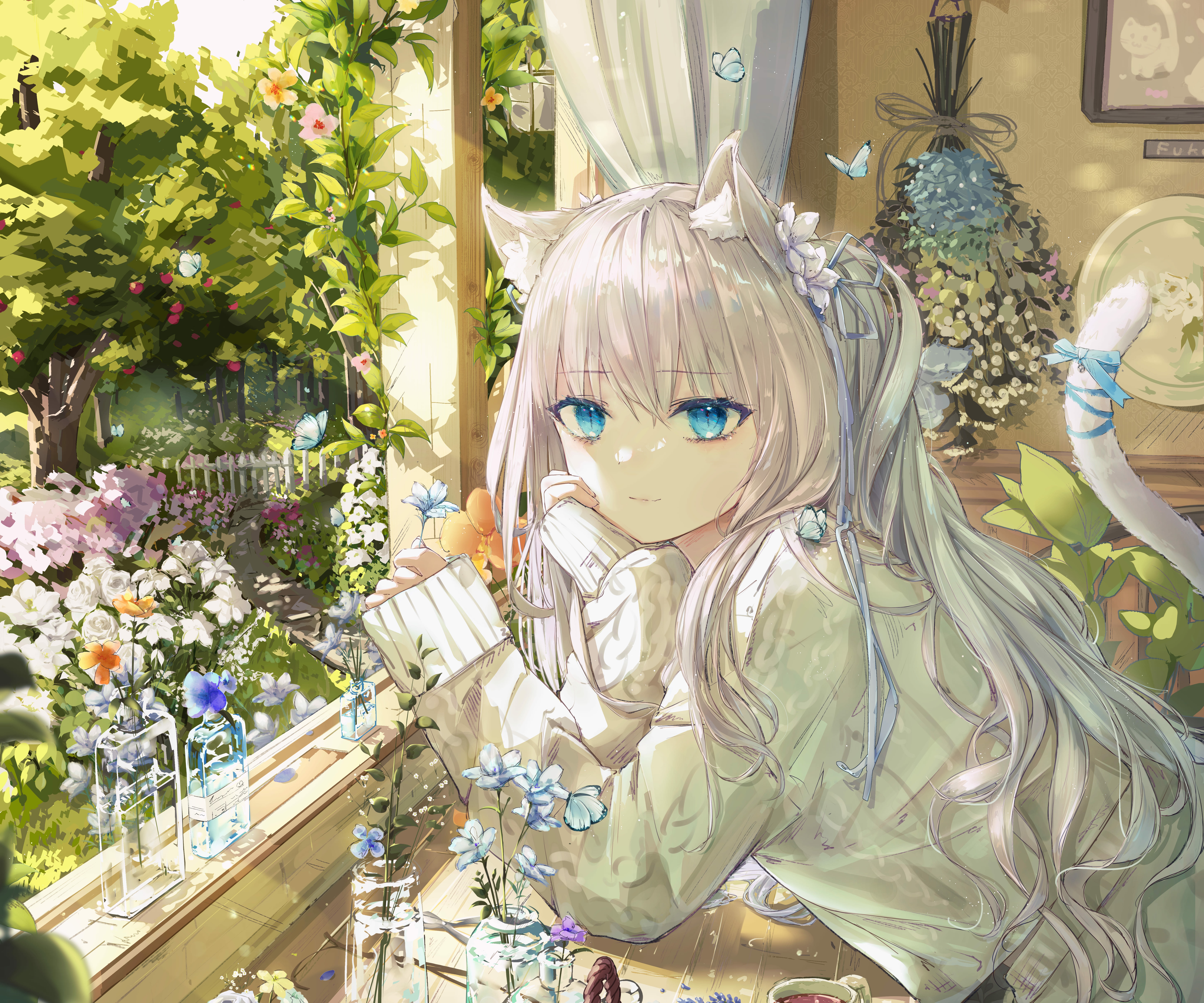 Anime Girl with Cat Ears in a Garden HD Wallpaper
