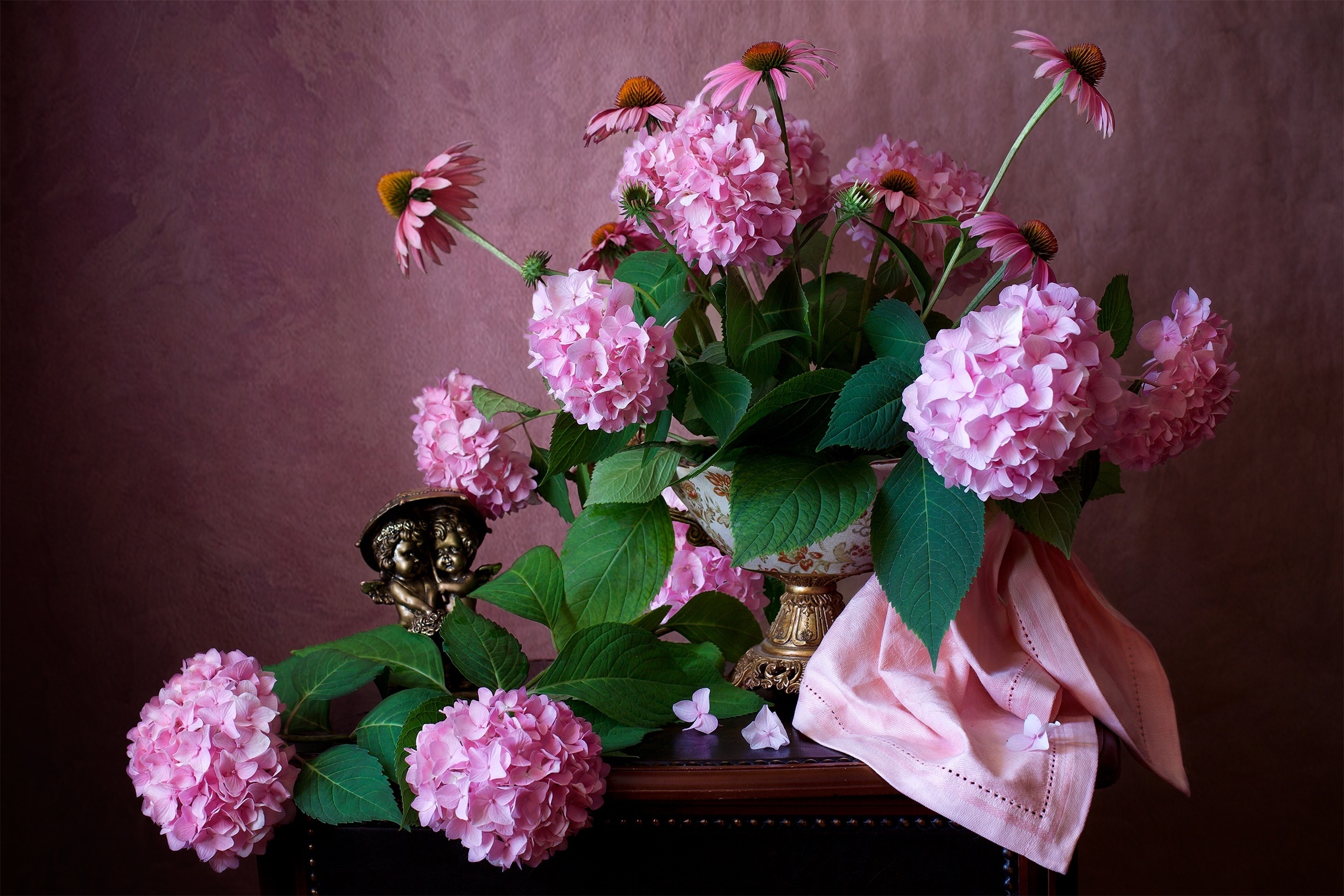 Pink Hydrangeas and Echinacea in a Vase HD Wallpaper