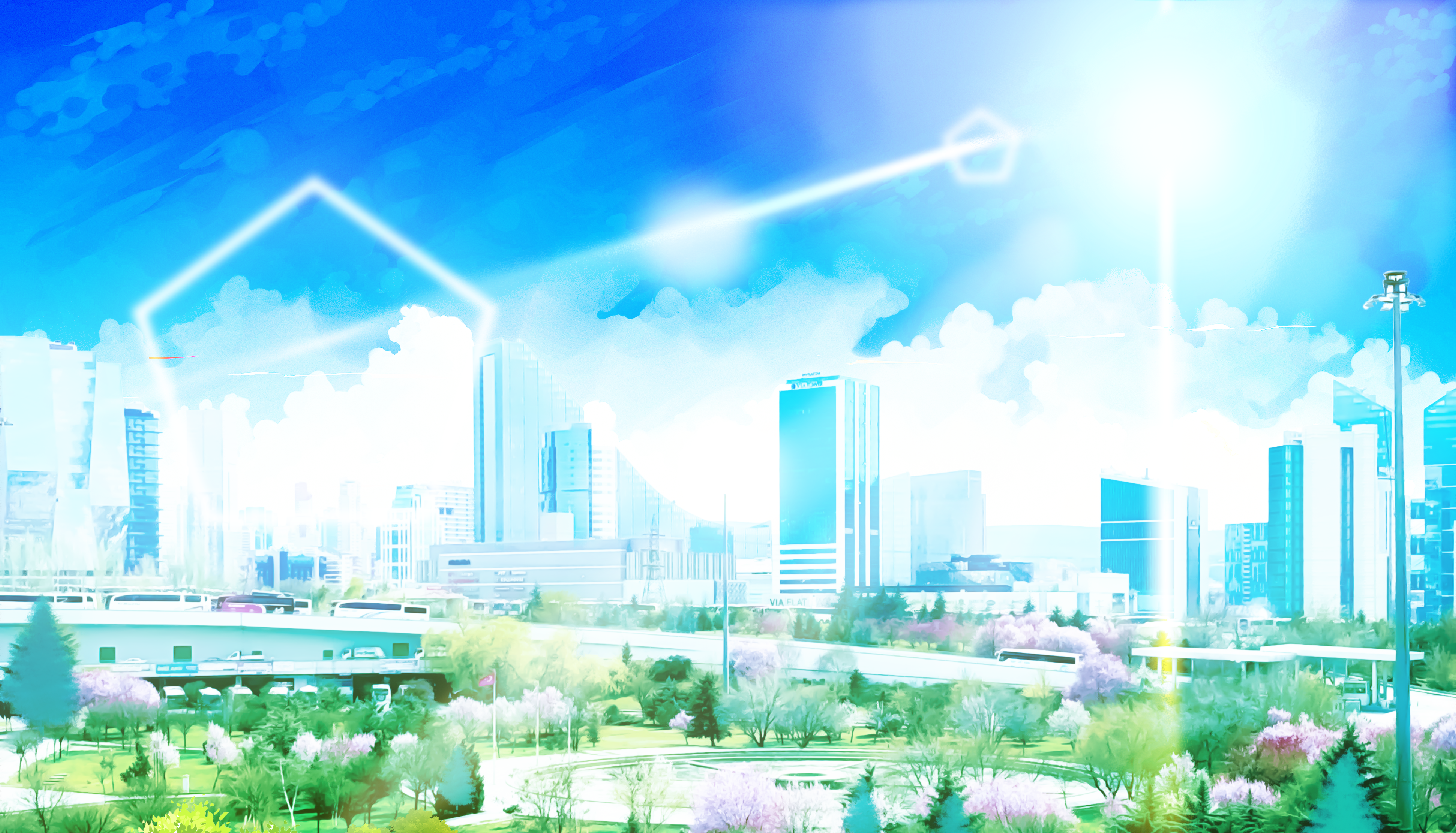 Anime city skyline with geometric shapes in the sky HD Wallpaper