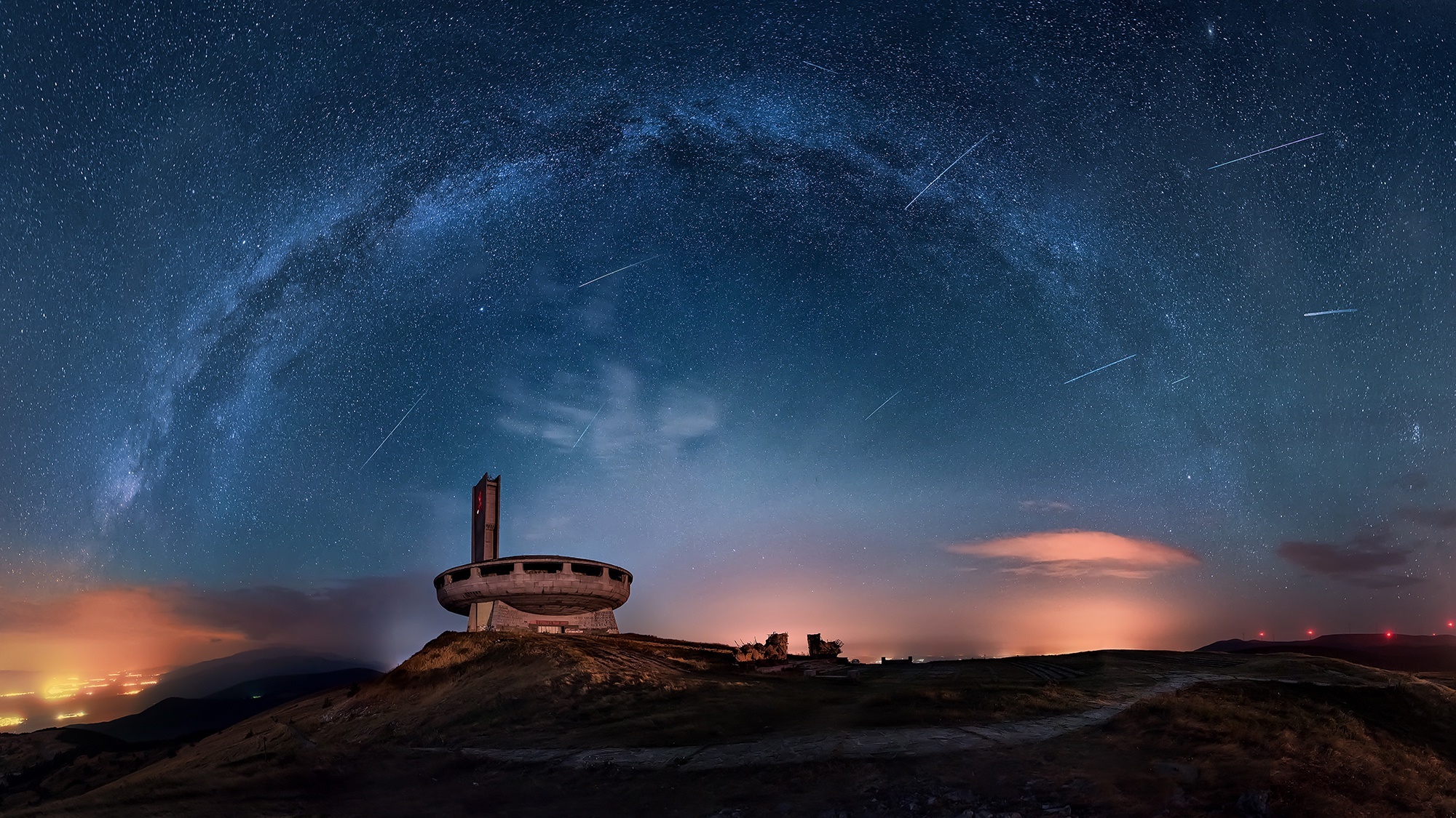 Buzludzha Monument under the Milky Way and Meteor Shower HD Wallpaper