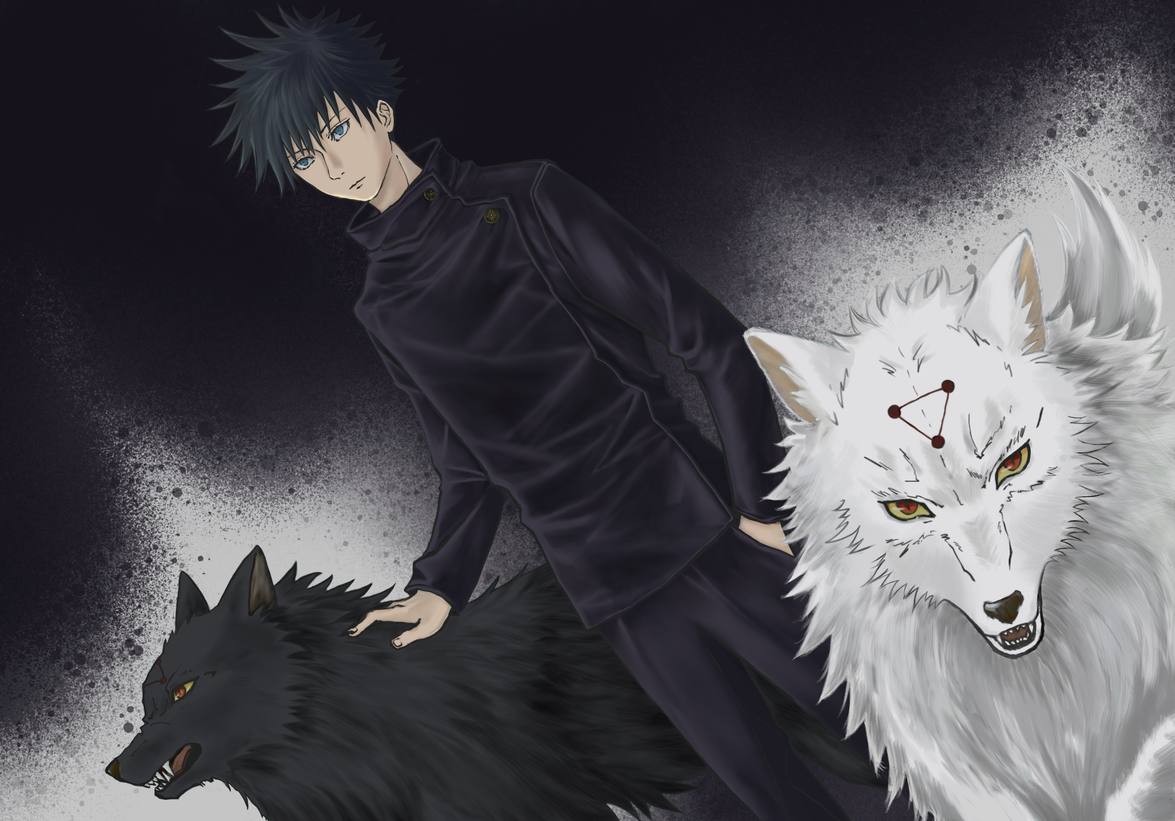 Megumi Fushiguro with two wolves from Jujutsu Kaisen HD Wallpaper