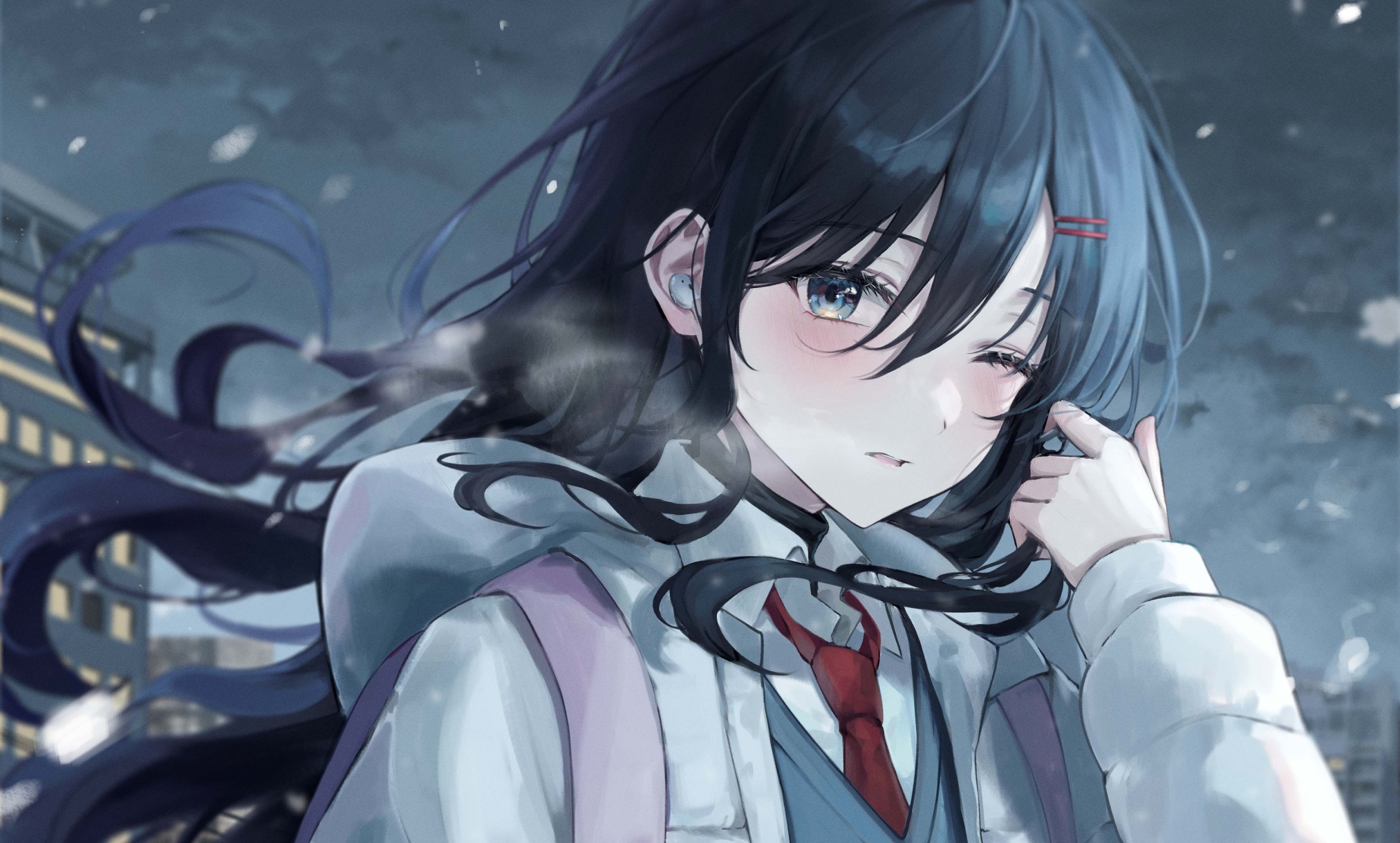 Girl with black hair and blue eyes in winter HD Wallpaper