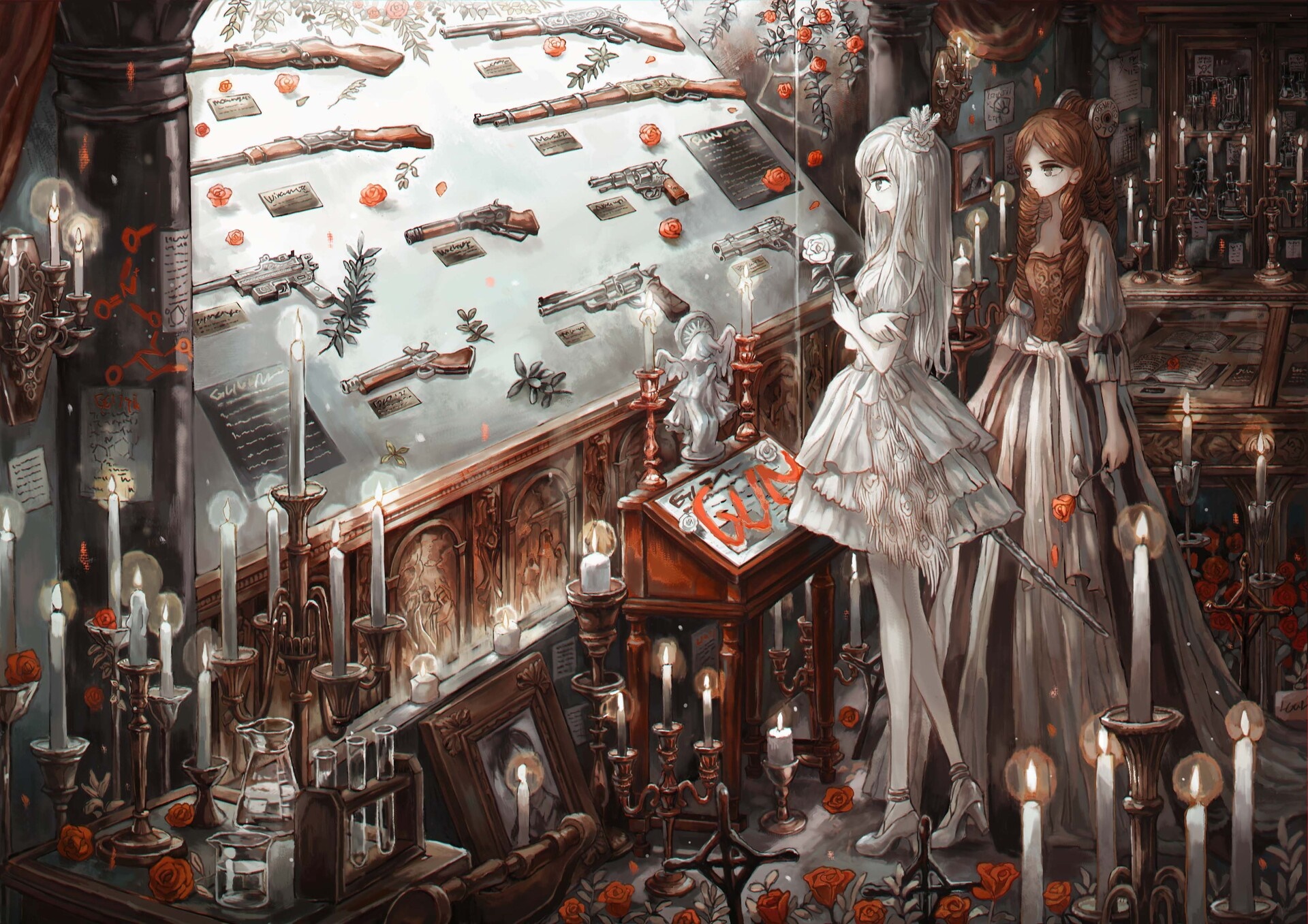 Two girls in a room filled with guns and candles HD Wallpaper