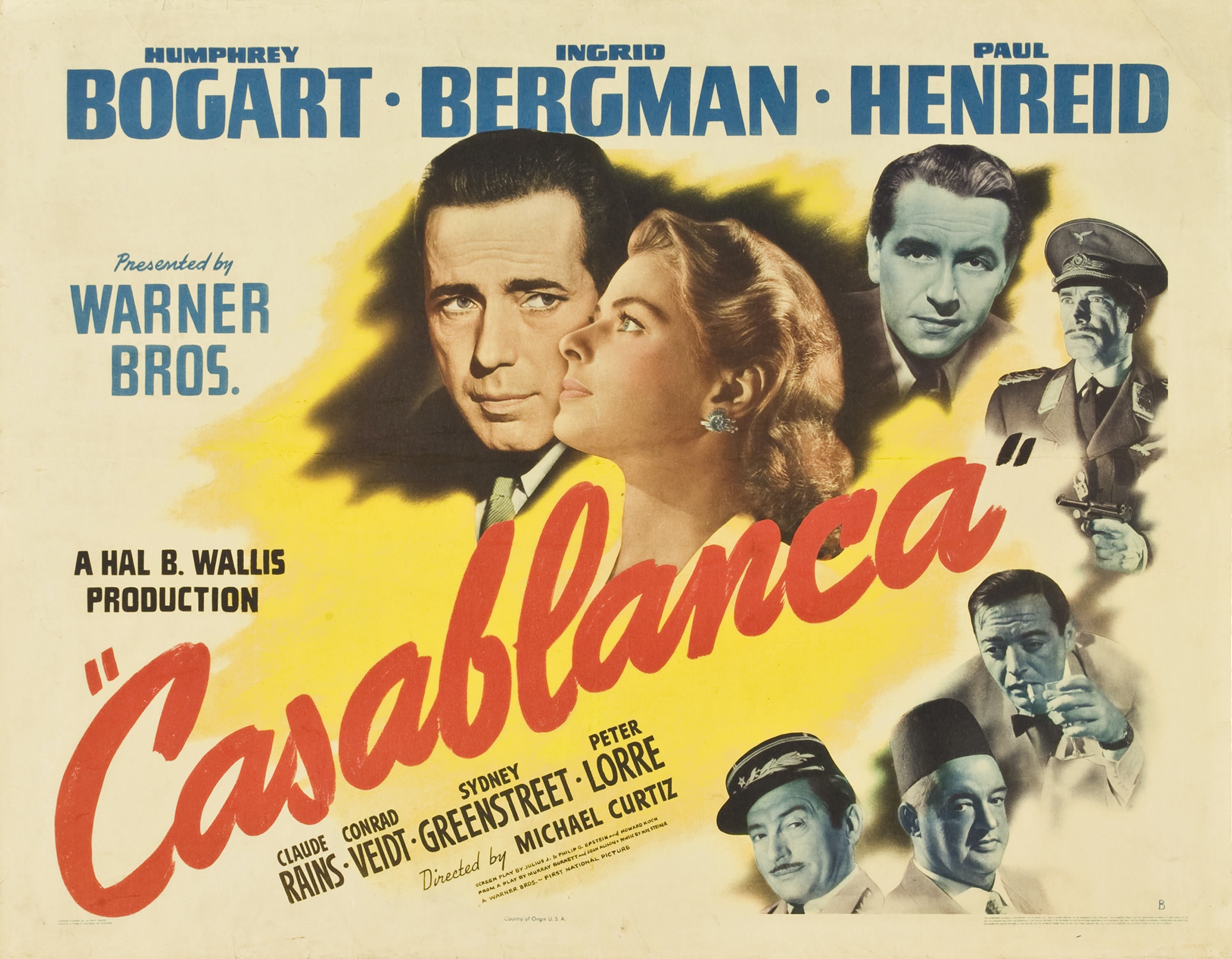 Casablanca movie poster with Humphrey Bogart and Ingrid Bergman HD Wallpaper