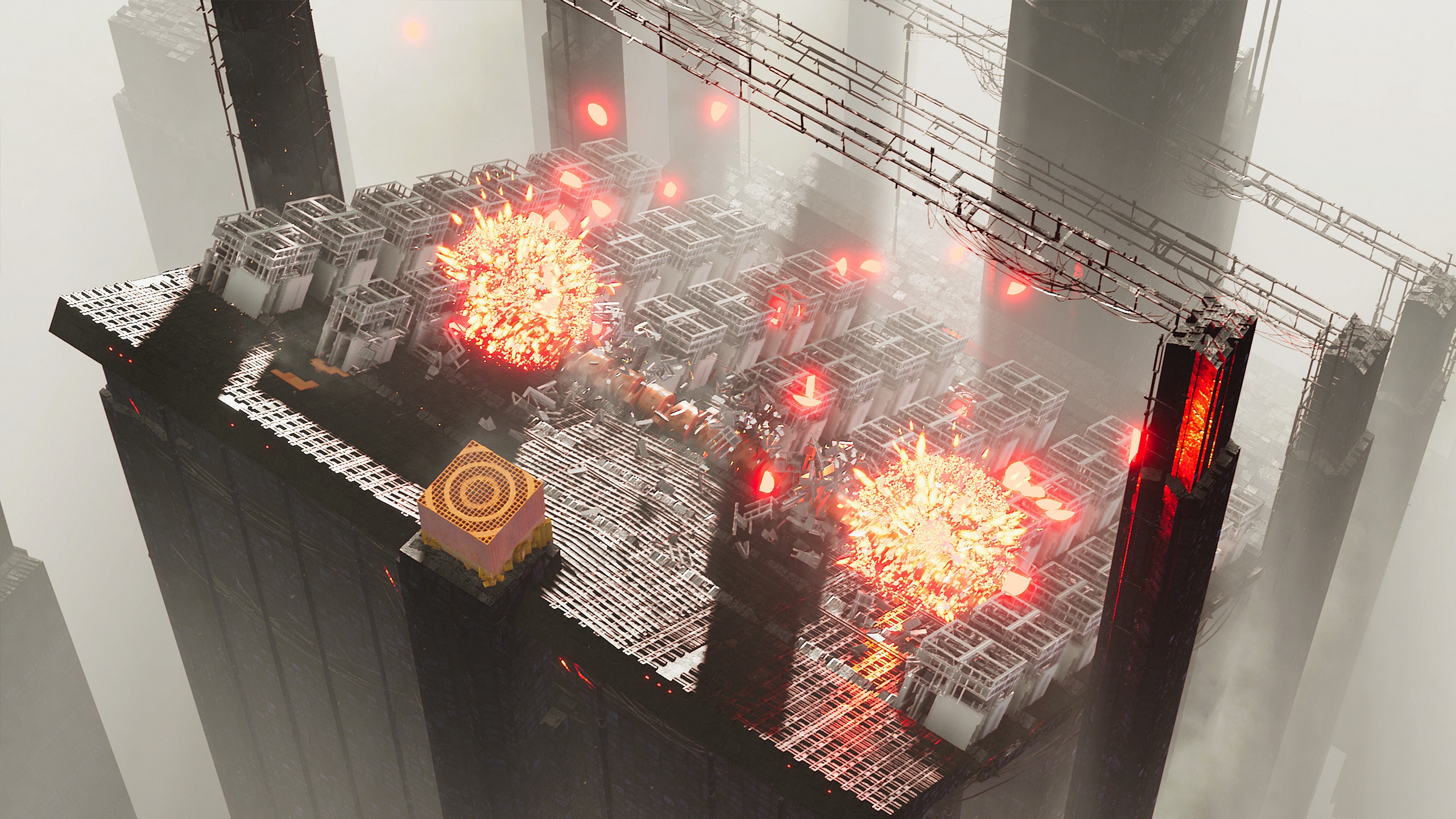 Futuristic city with glowing structures and explosions HD Wallpaper