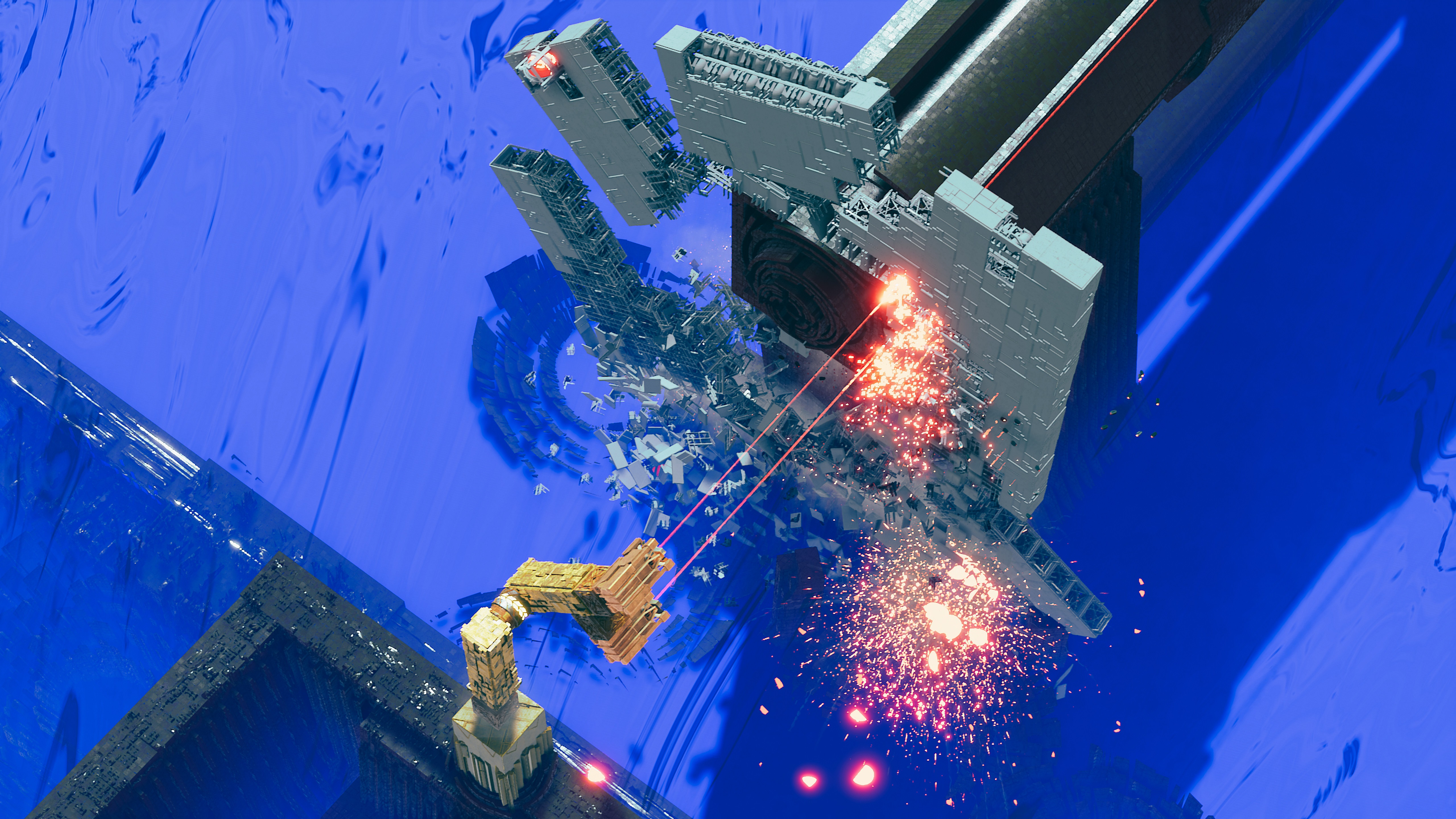 Demolition of a futuristic structure with lasers HD Wallpaper