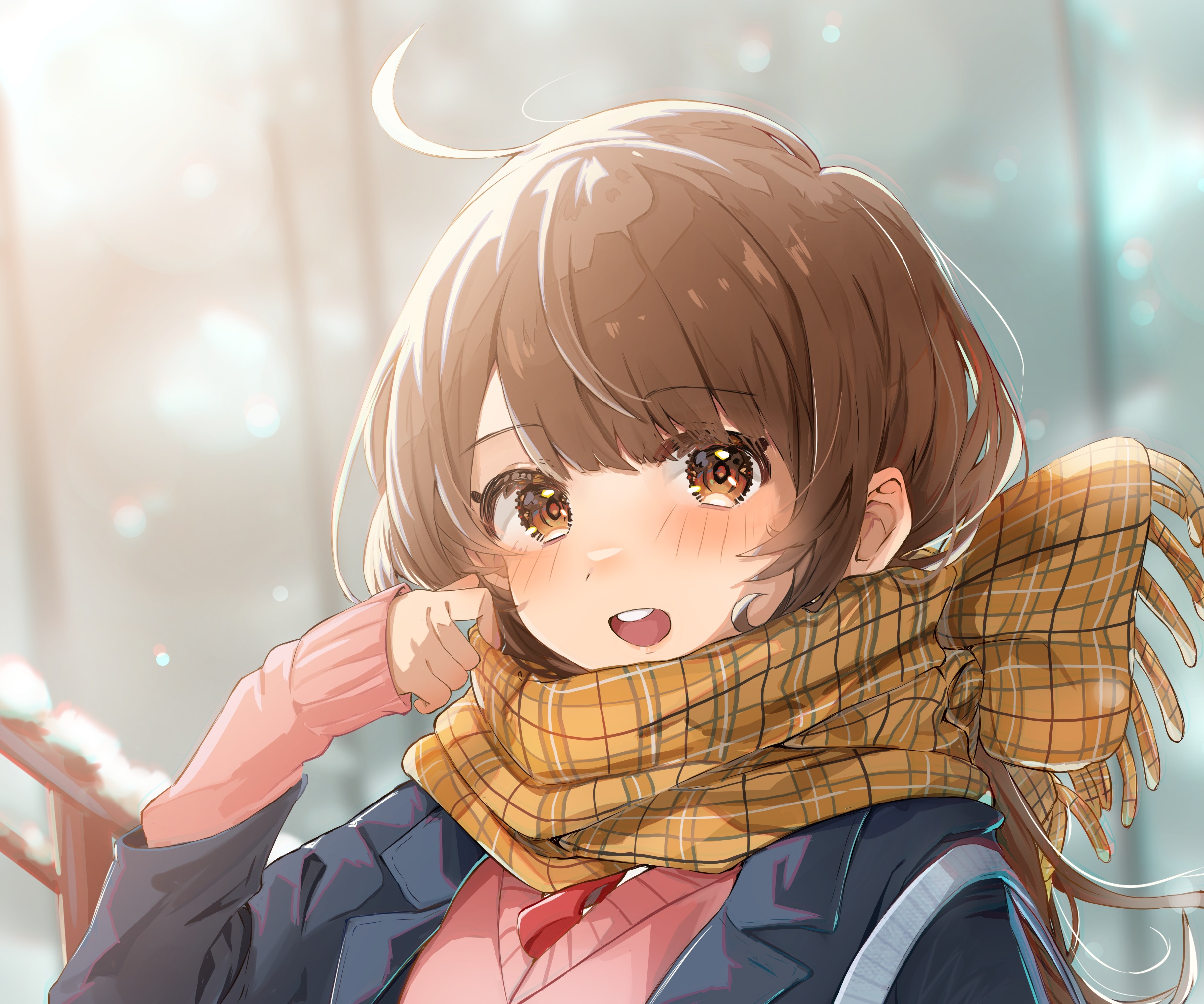 Anime girl with brown hair and scarf HD Wallpaper
