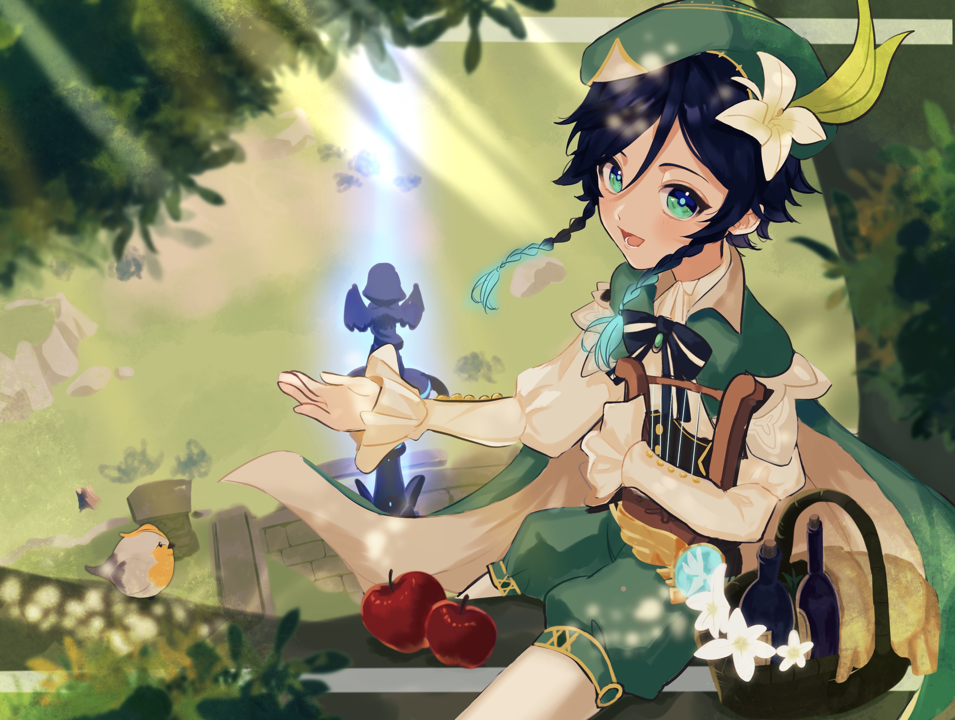 Venti from Genshin Impact with a basket and lyre HD Wallpaper
