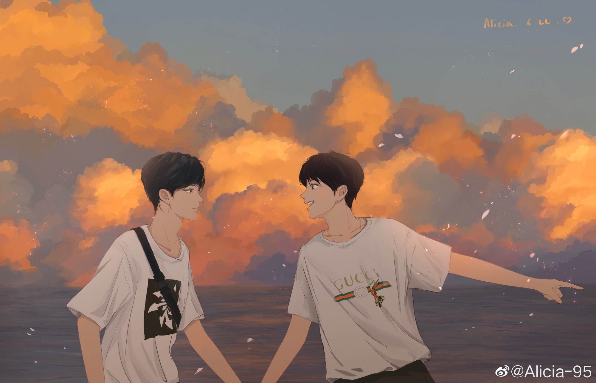 Two young men by the sea at sunset HD Wallpaper
