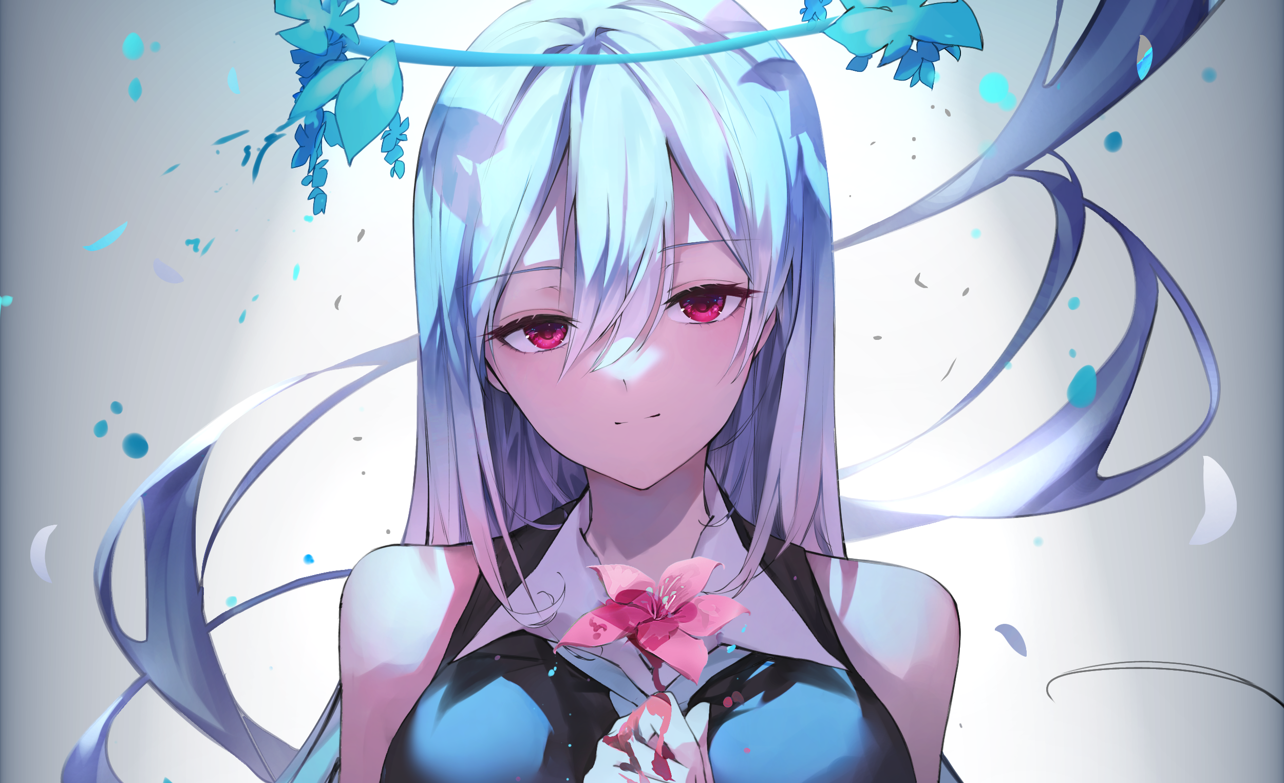 Anime girl with white hair and pink flower HD Wallpaper