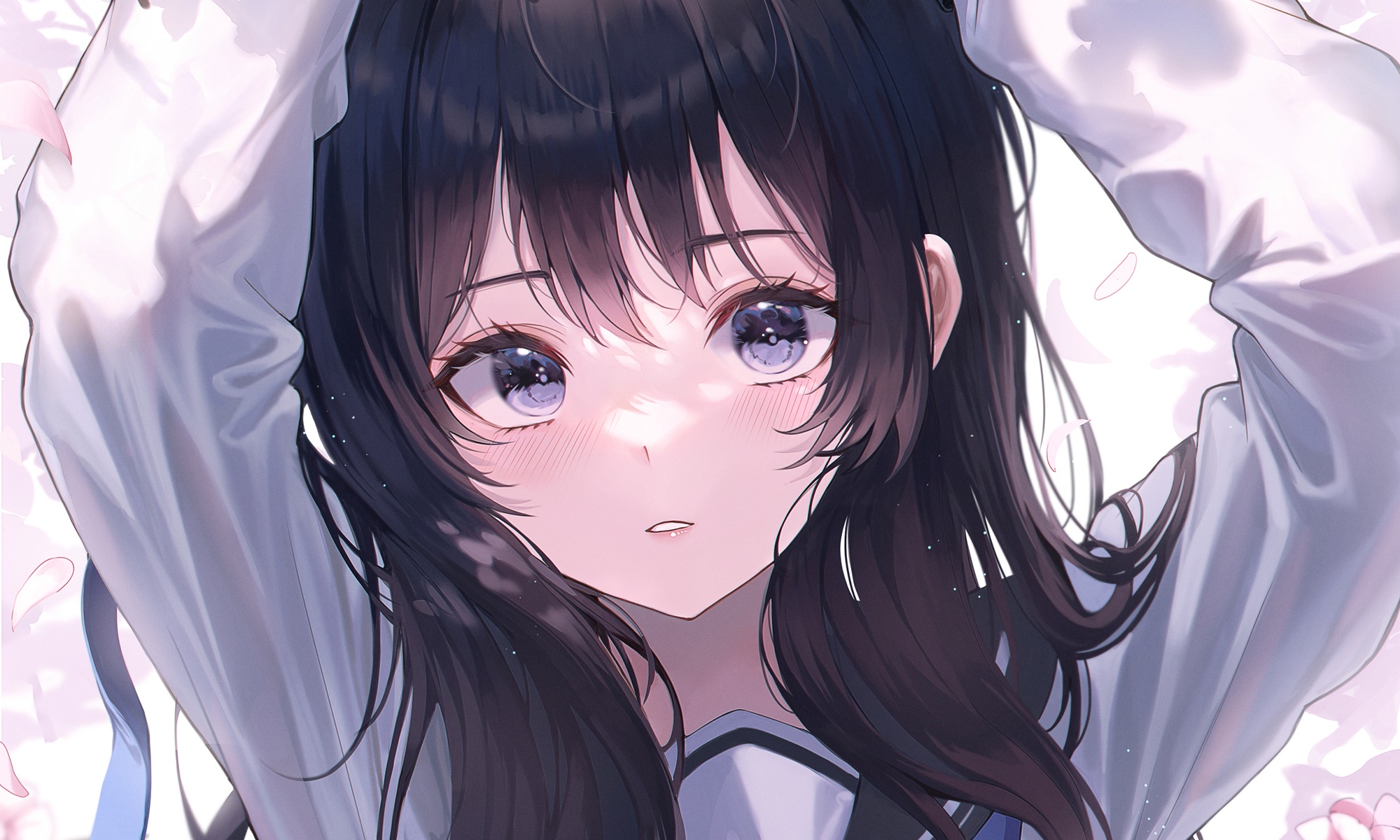 Anime girl with dark hair and purple eyes HD Wallpaper