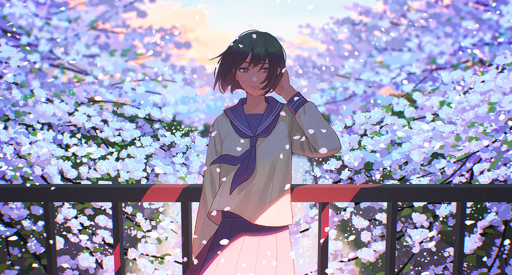 Girl in a school uniform under cherry blossoms HD Wallpaper