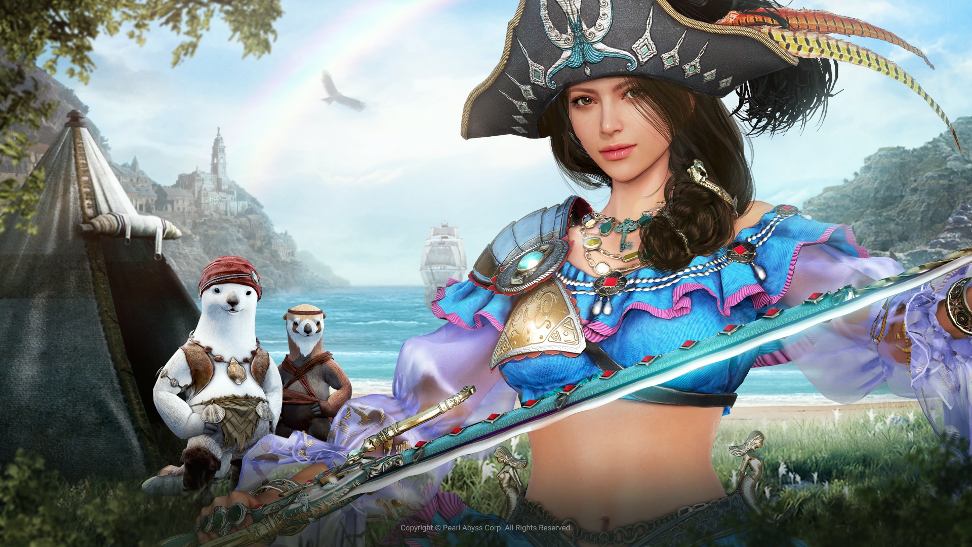 Pirate girl with sword and polar bear companions in Black Desert Online HD Wallpaper