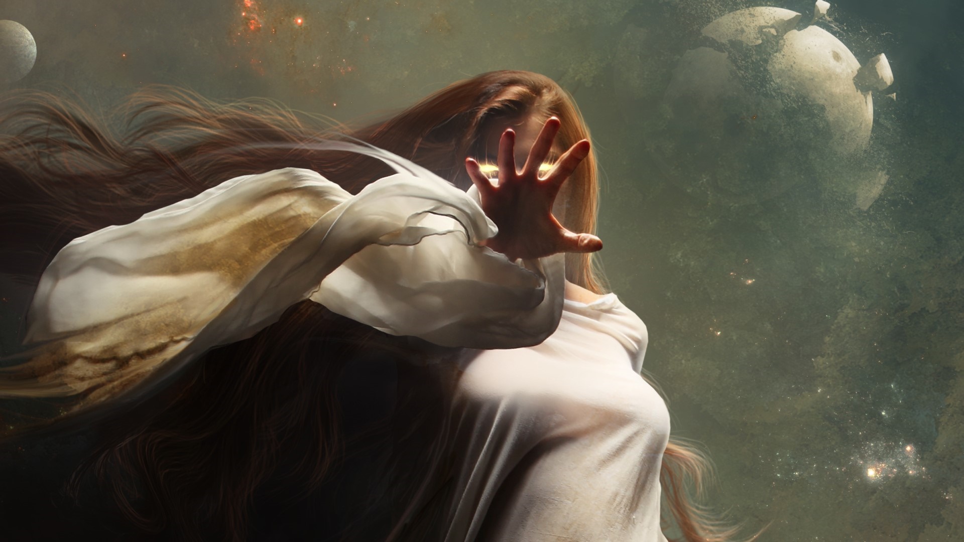 Woman with long hair and flowing fabric in space HD Wallpaper
