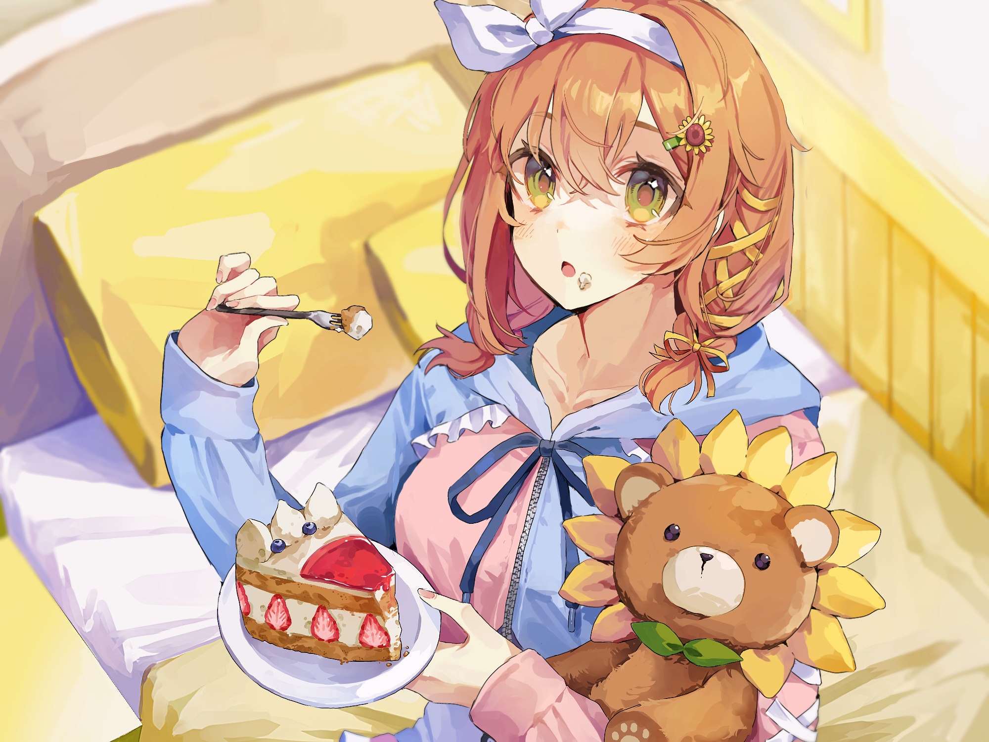 Honma Himawari from Nijisanji eating cake with a teddy bear HD Wallpaper