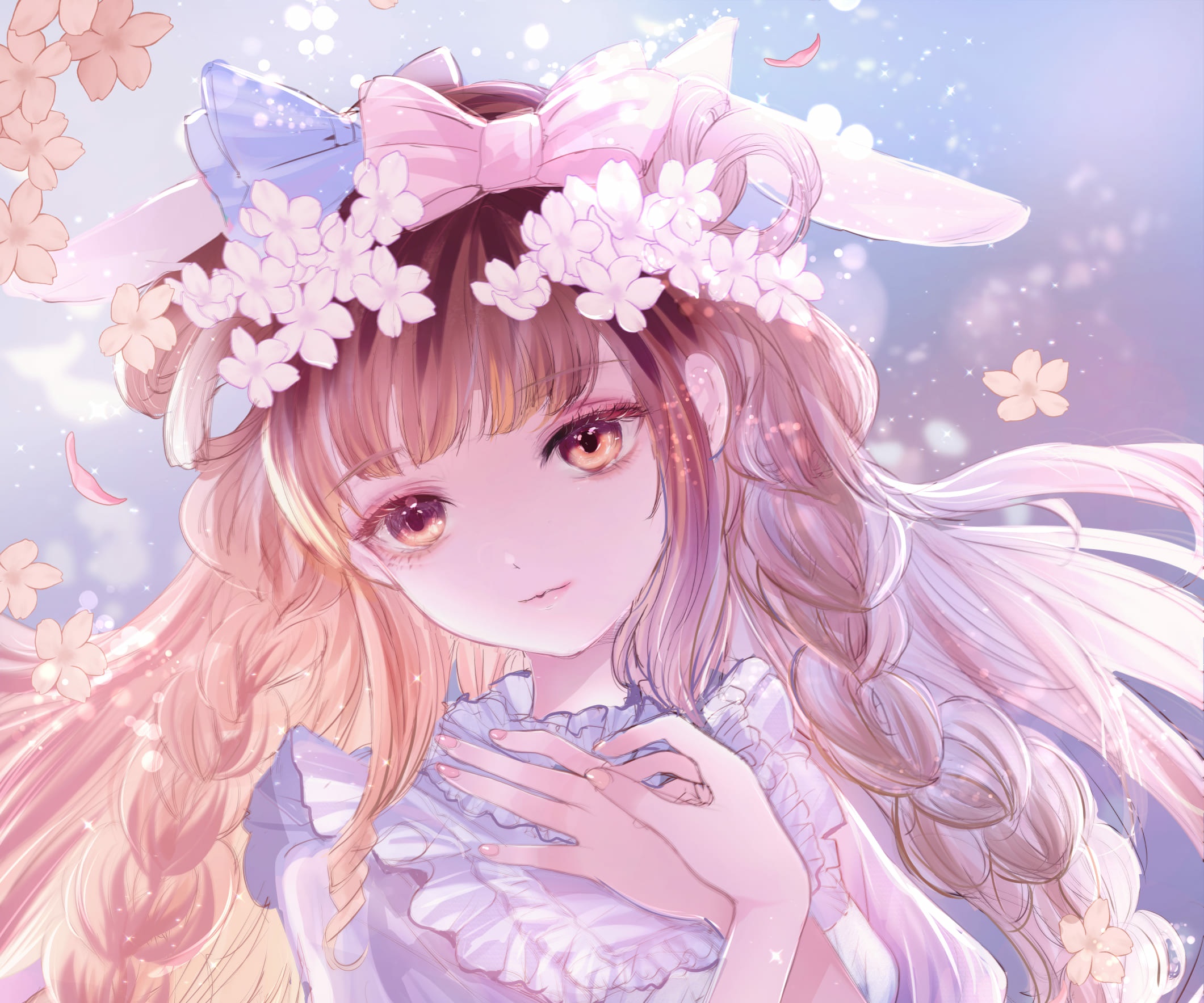Anime girl with flower crown and pink bow HD Wallpaper