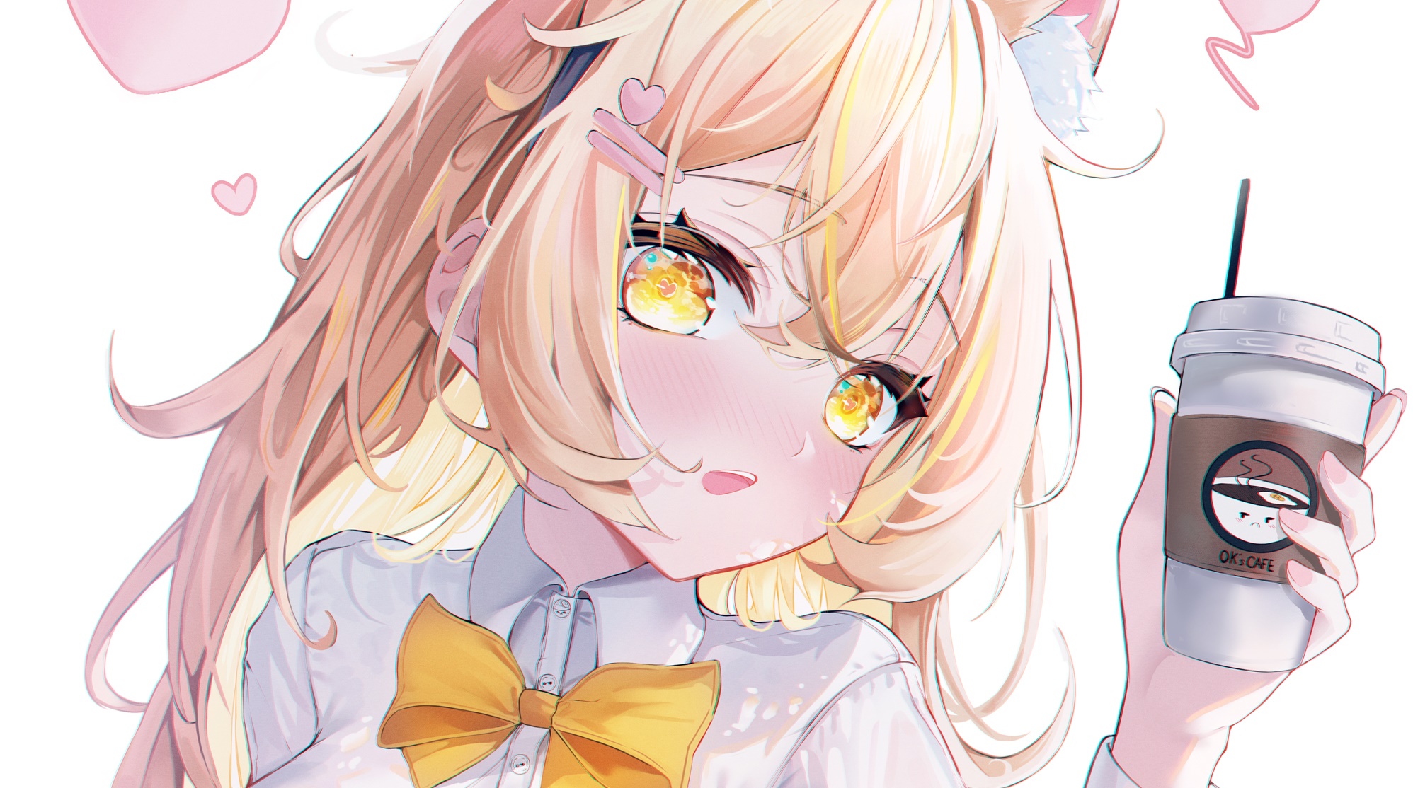 Anime girl with cat ears holding a coffee cup HD Wallpaper