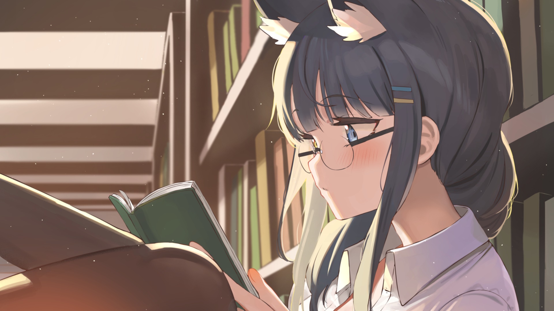 Girl with cat ears reading a book in a library HD Wallpaper