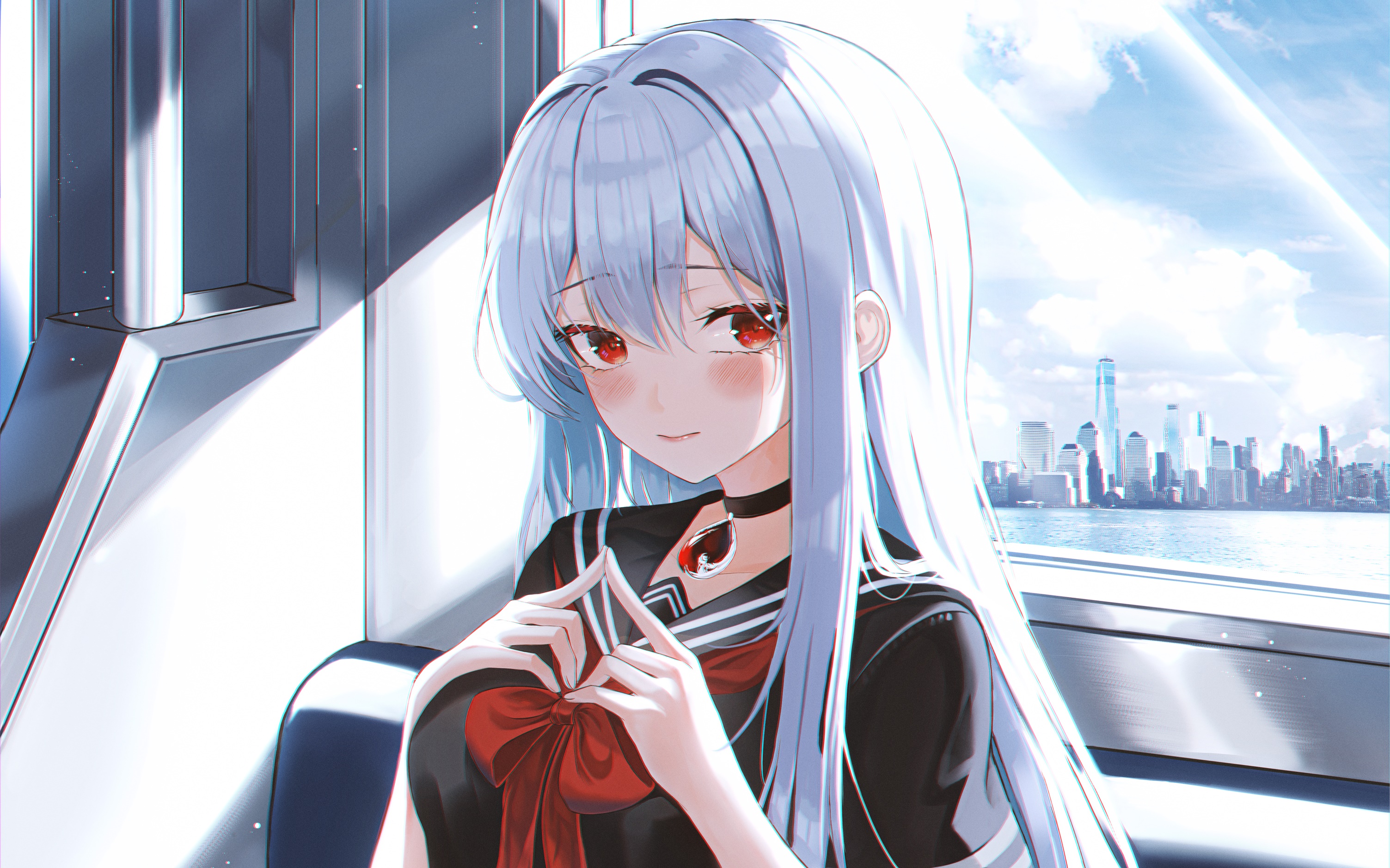 Anime girl with long white hair in a school uniform HD Wallpaper