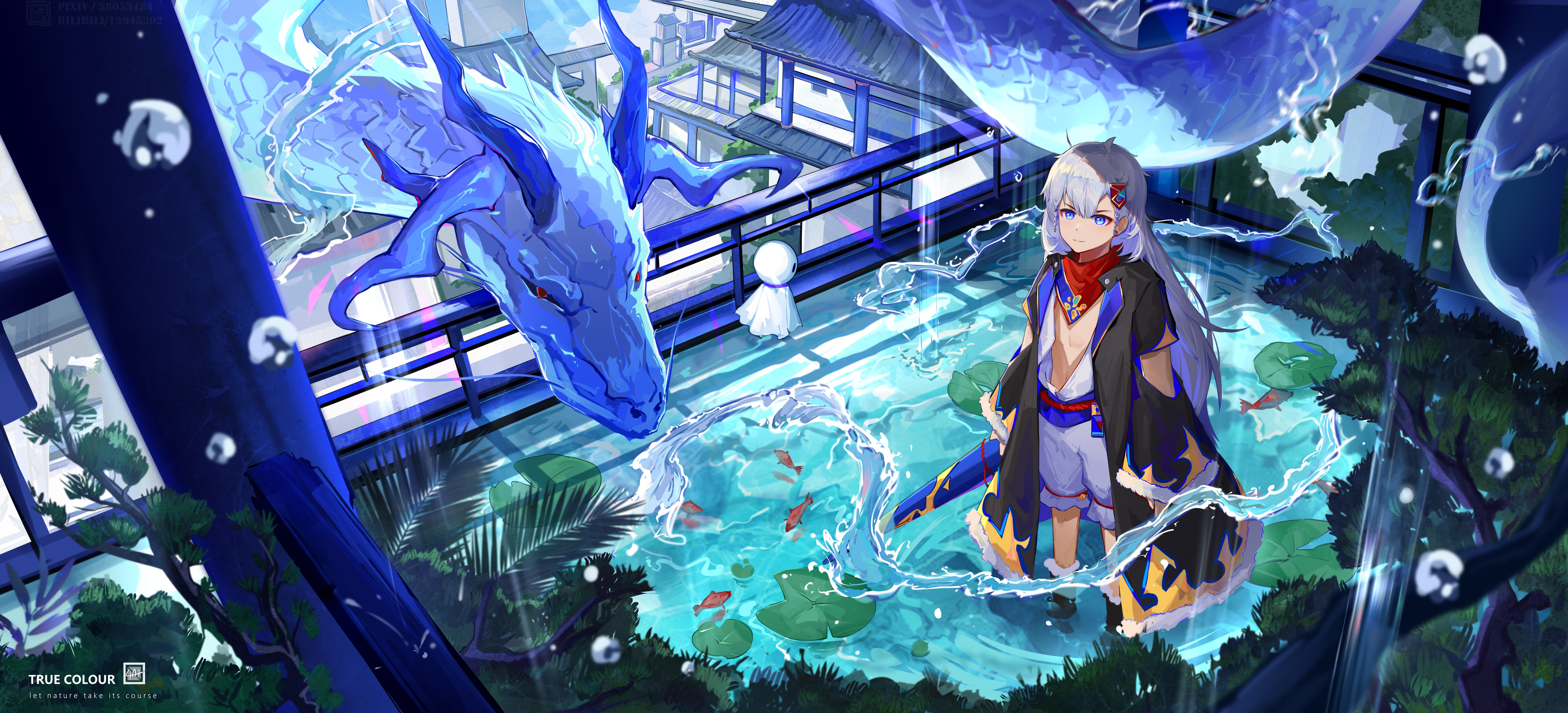 Boy and Dragon in Japanese Garden 4K HD Wallpaper