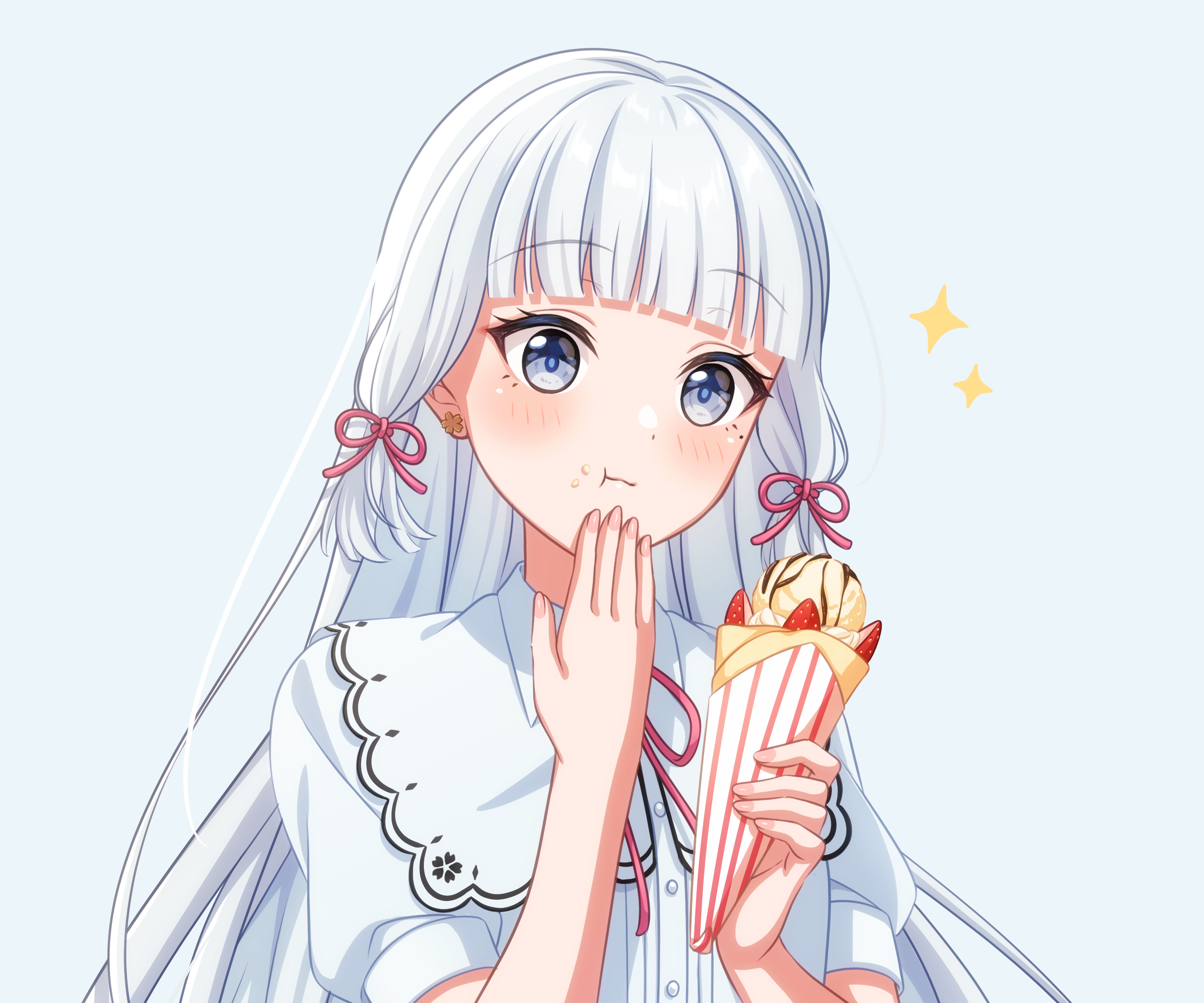 Kamisato Ayaka from Genshin Impact eating a crepe HD Wallpaper