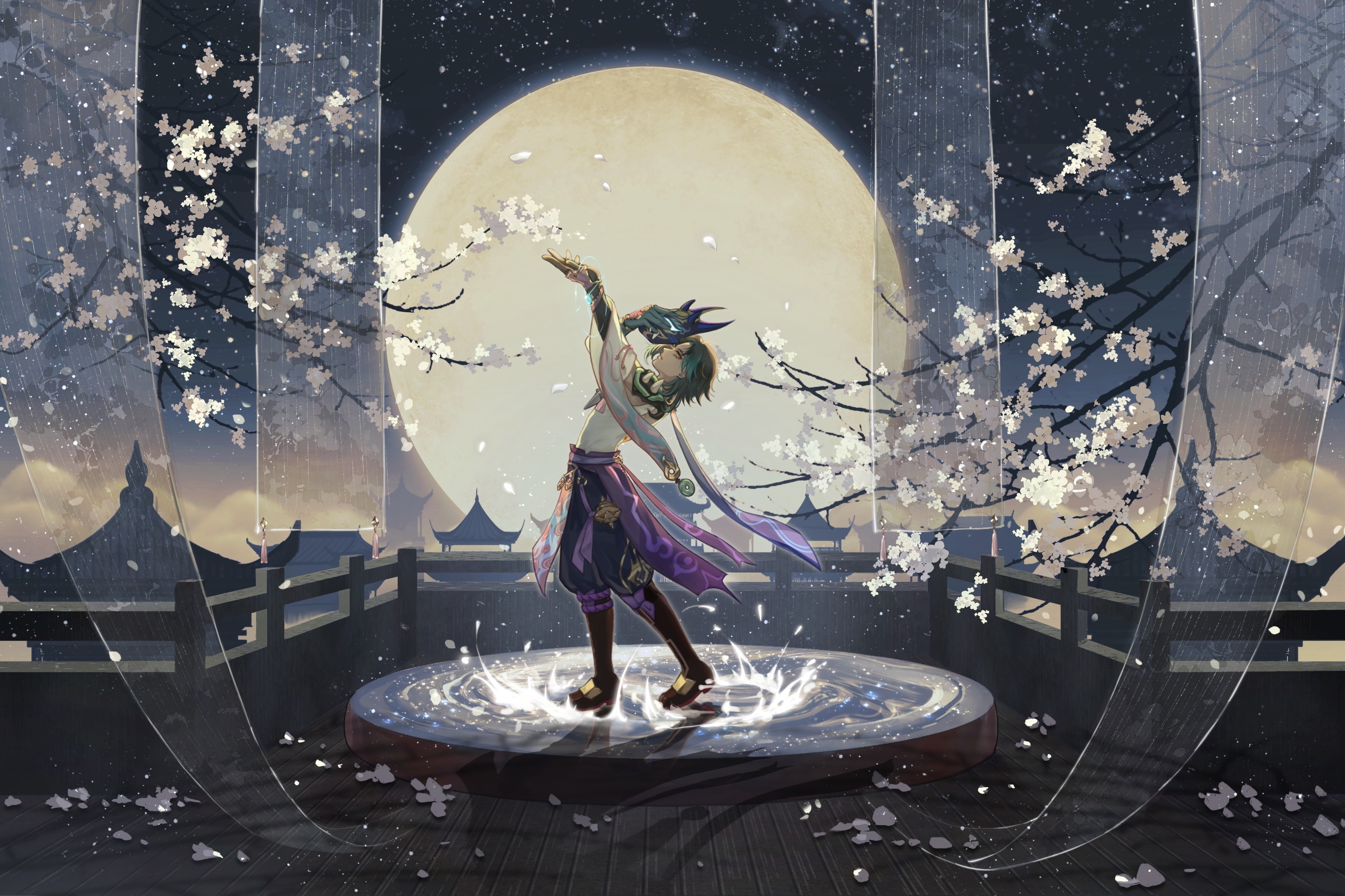 Xiao from Genshin Impact dancing under the moon HD Wallpaper