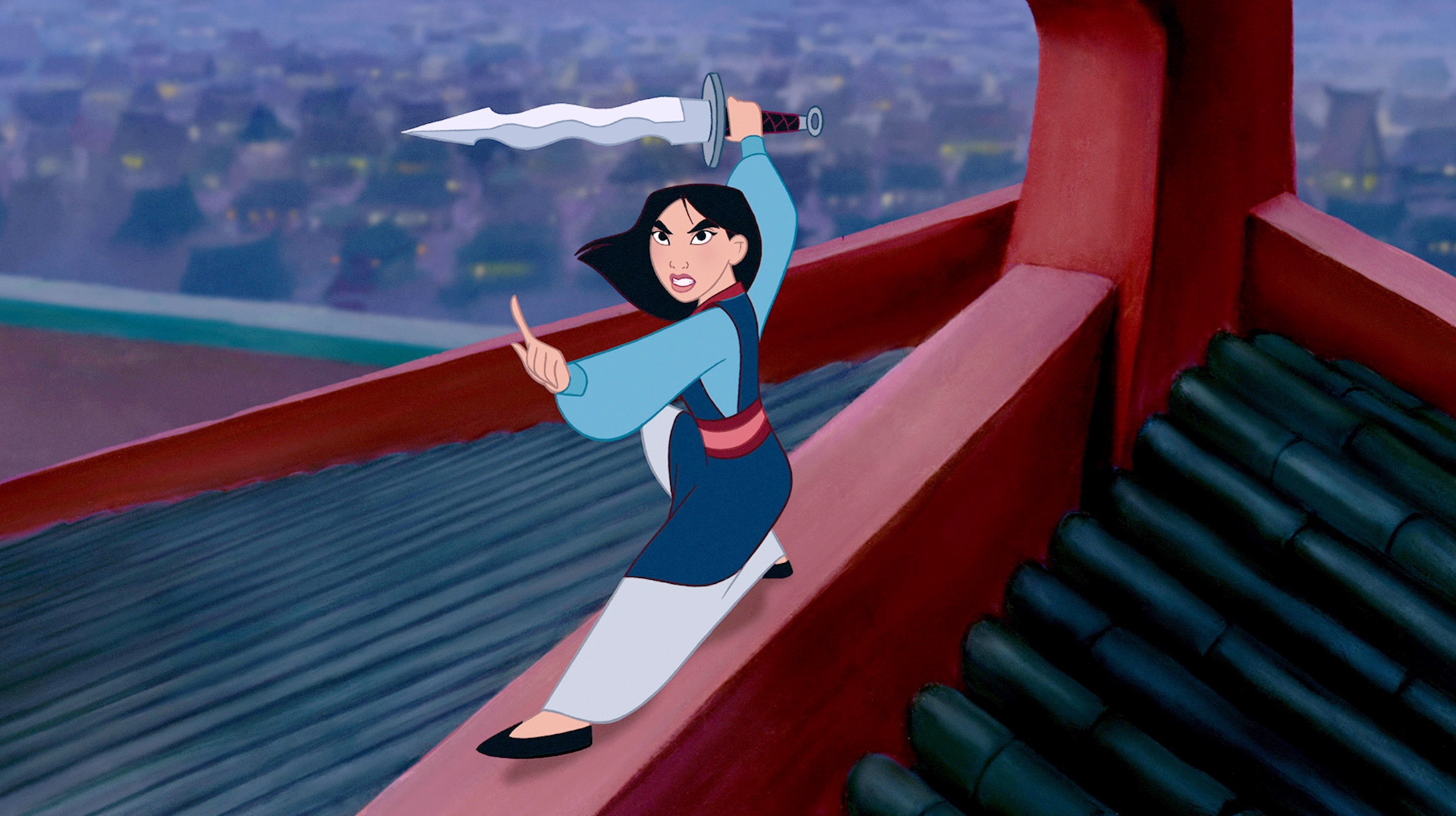 Mulan with sword on rooftop HD Wallpaper