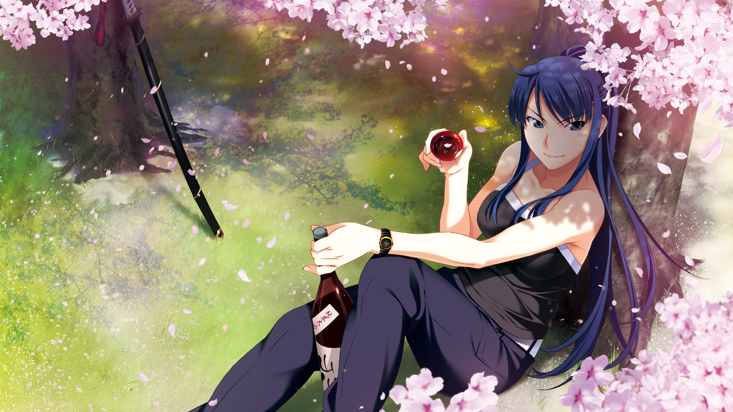 Girl with sword and sake bottle under cherry blossoms HD Wallpaper