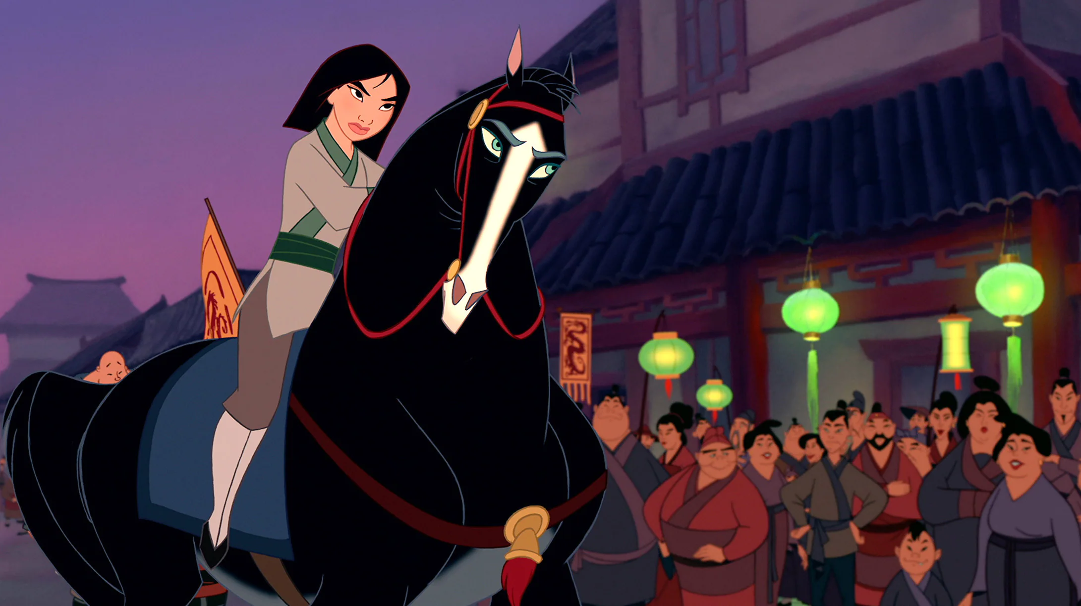 Mulan riding Khan through a village at dusk HD Wallpaper