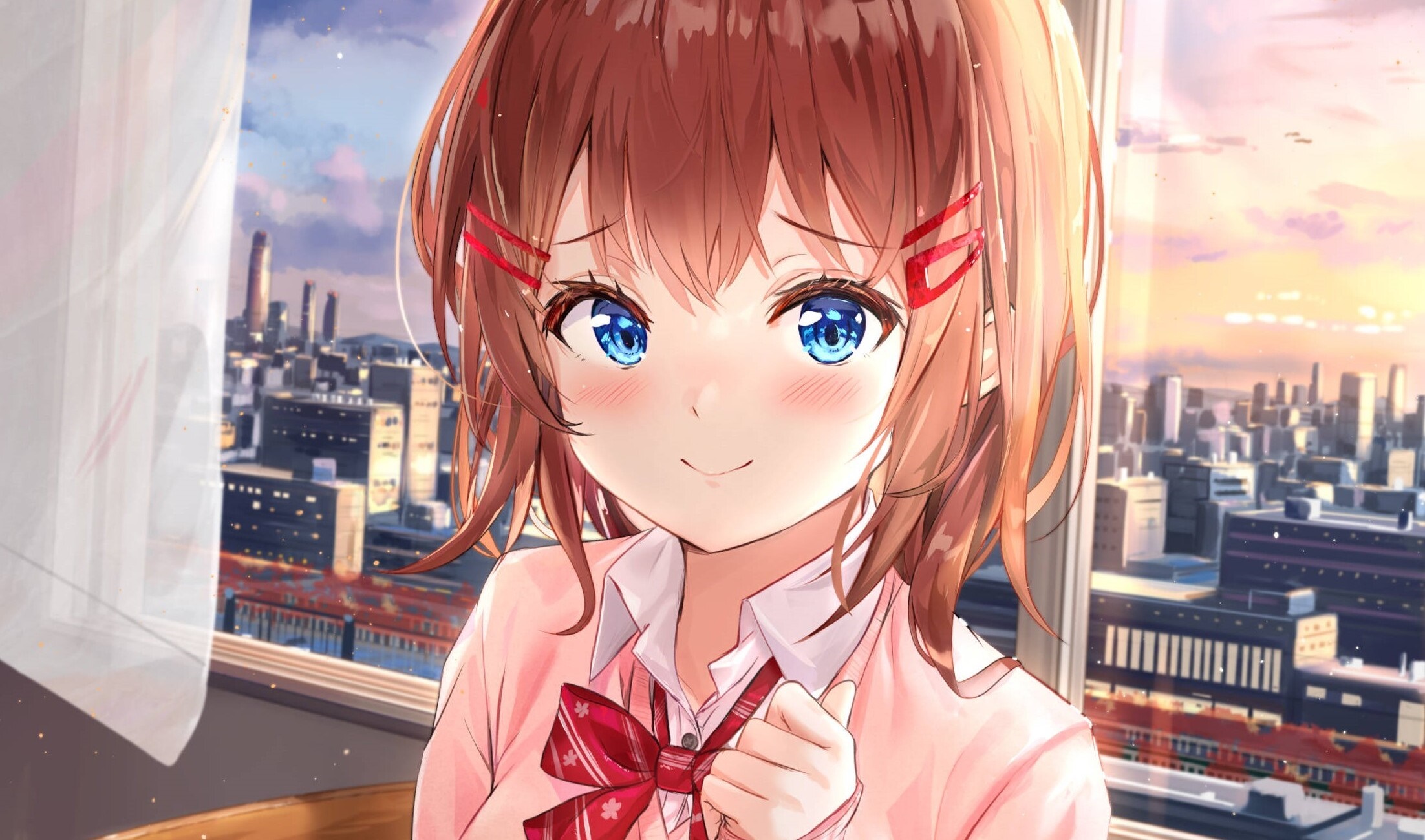 Anime girl with brown hair and blue eyes HD Wallpaper