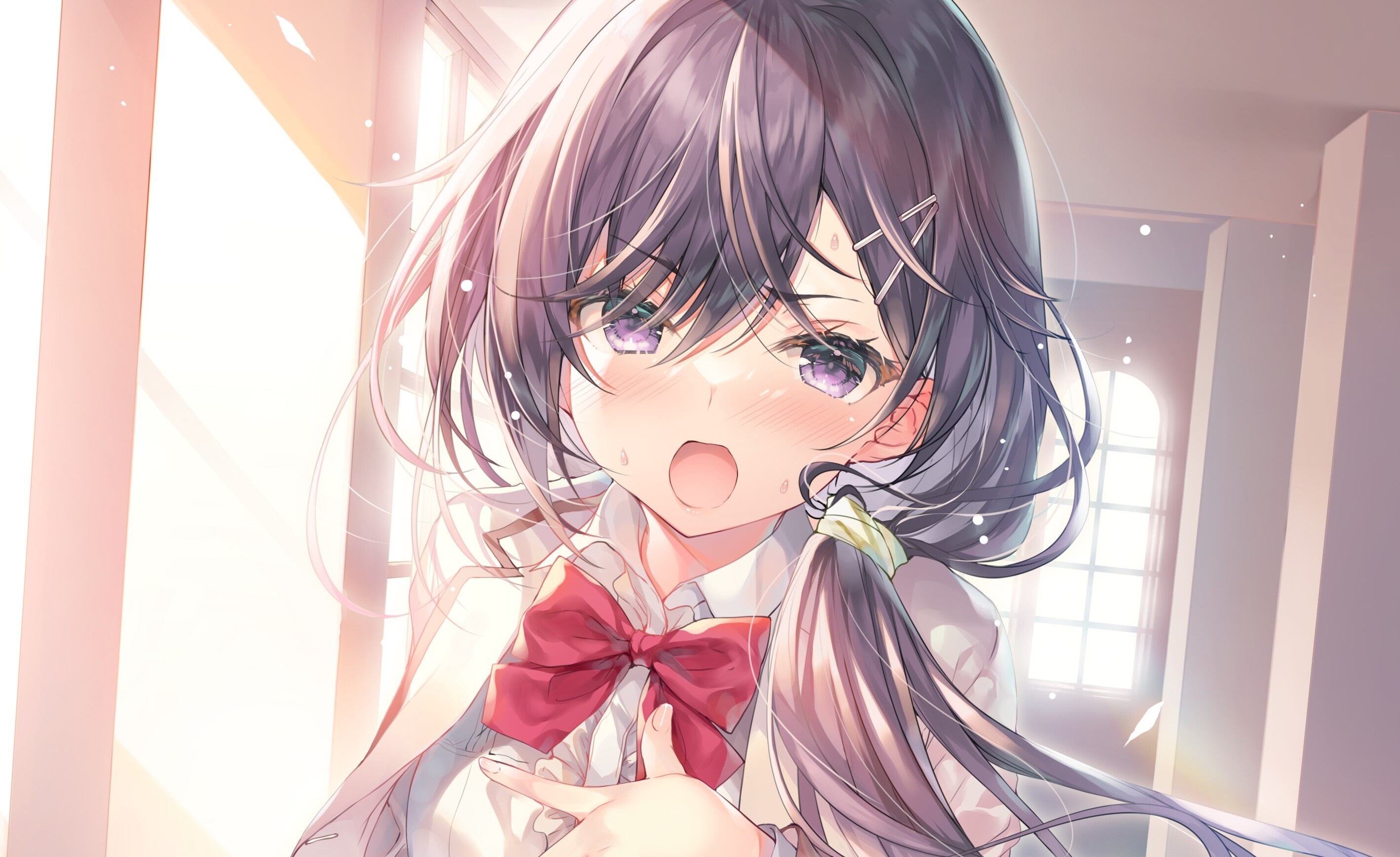 Anime girl with purple eyes and red bow HD Wallpaper